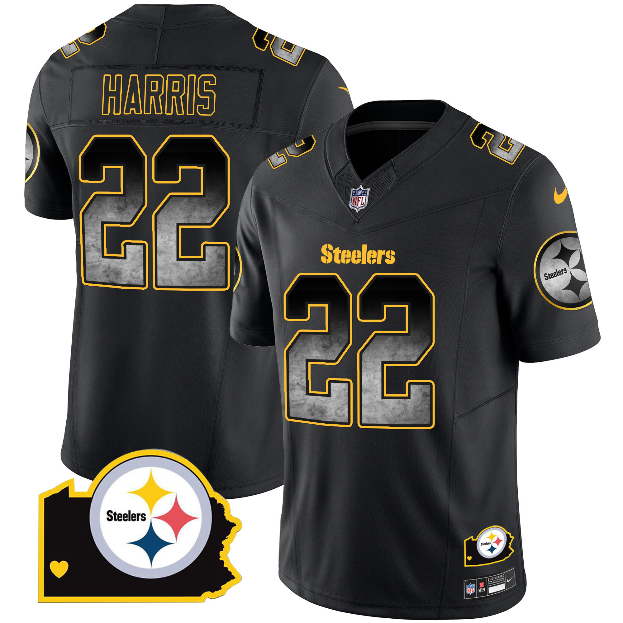 Najee Harris Men's Pittsburgh Steelers Arch Smoke Home Patch Vapor Black Jersey - All Stitched