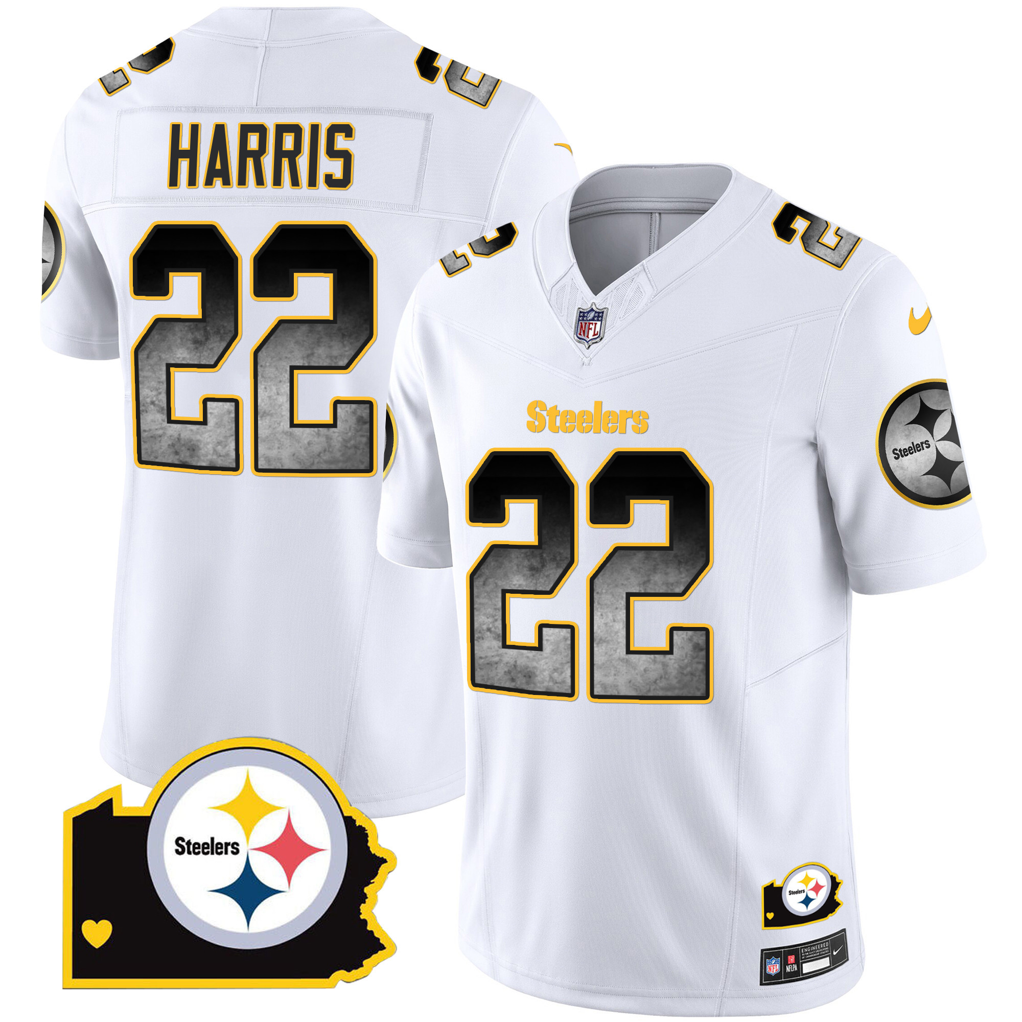 Najee Harris Men's Pittsburgh Steelers Arch Smoke Home Patch Vapor White Jersey - All Stitched