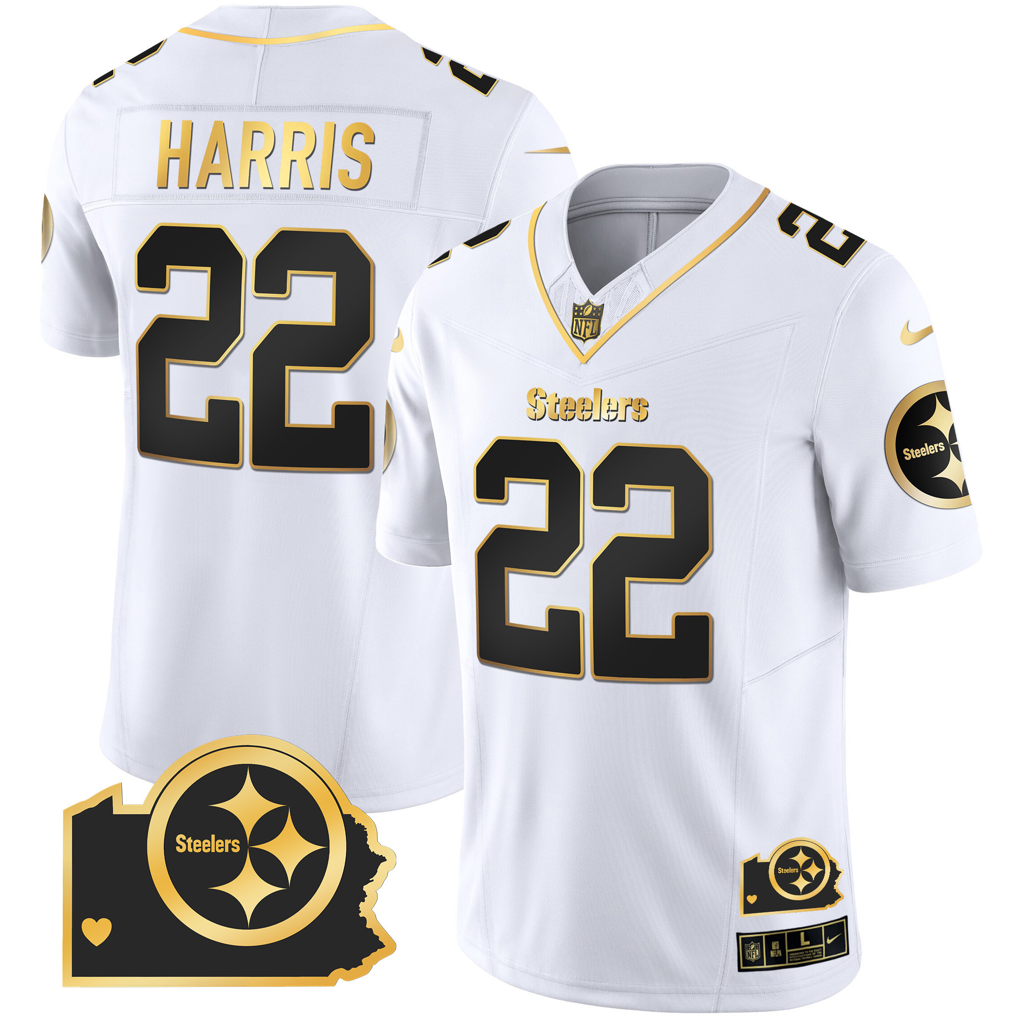 Najee Harris Men's Pittsburgh Steelers Home Patch Gold Vapor White Gold Jersey - All Stitched