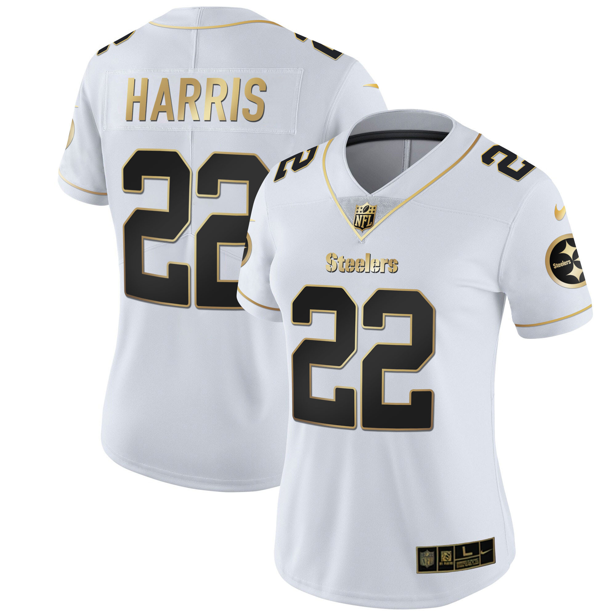Najee Harris Women's Pittsburgh Steelers White Gold & Black Gold Jersey - All Stitched