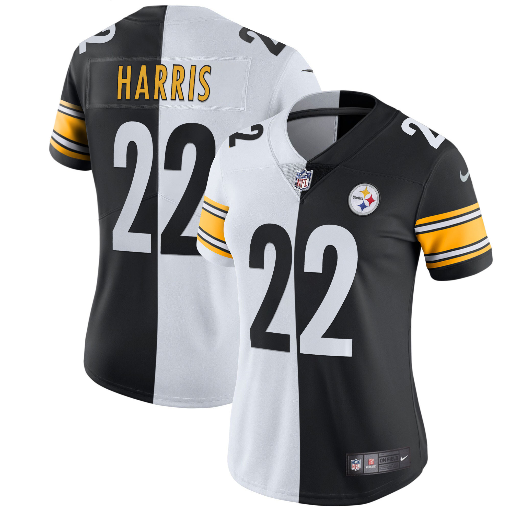 Najee Harris Women's Pittsburgh Steelers White Gold & Black Gold Split Jersey - All Stitched