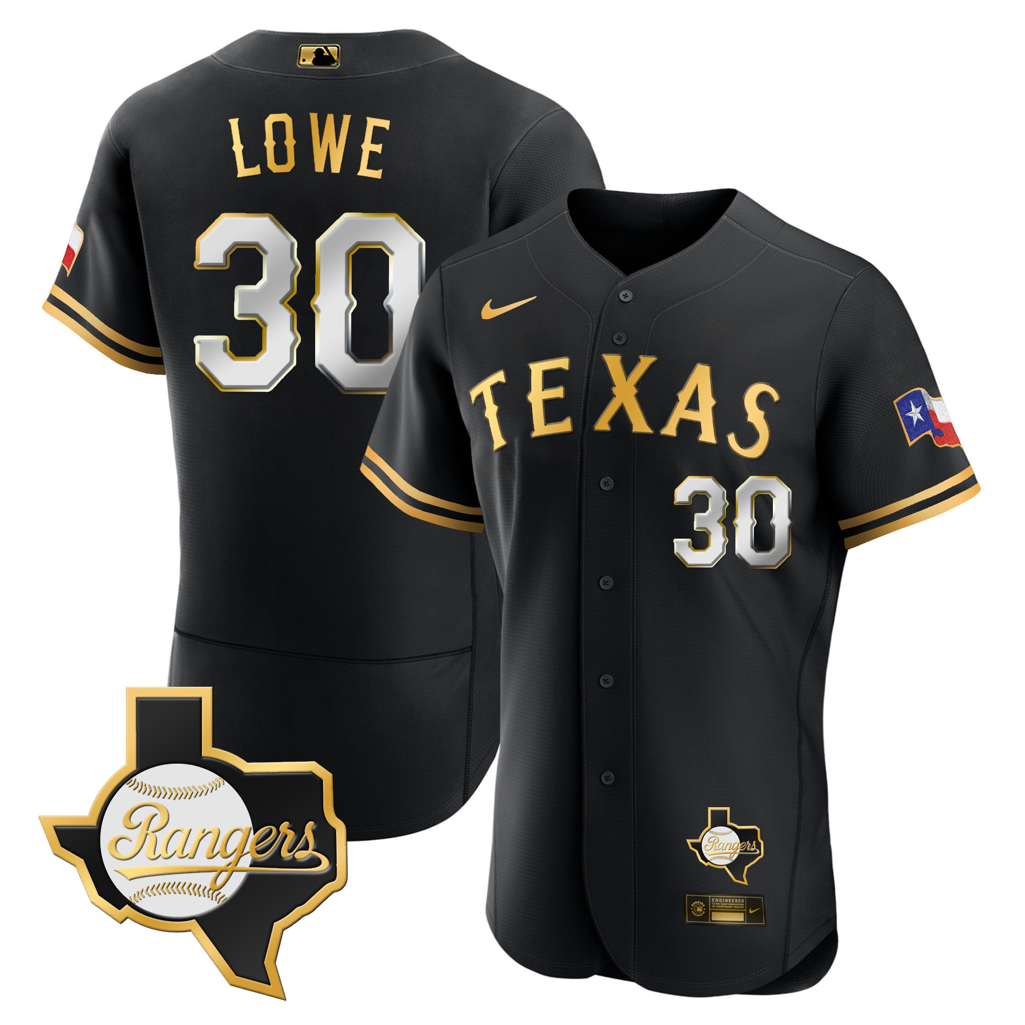 Nathaniel Lowe Men's Texas Rangers 2023 Flex Base - Texas Patch Black Gold Jersey - All Stitched