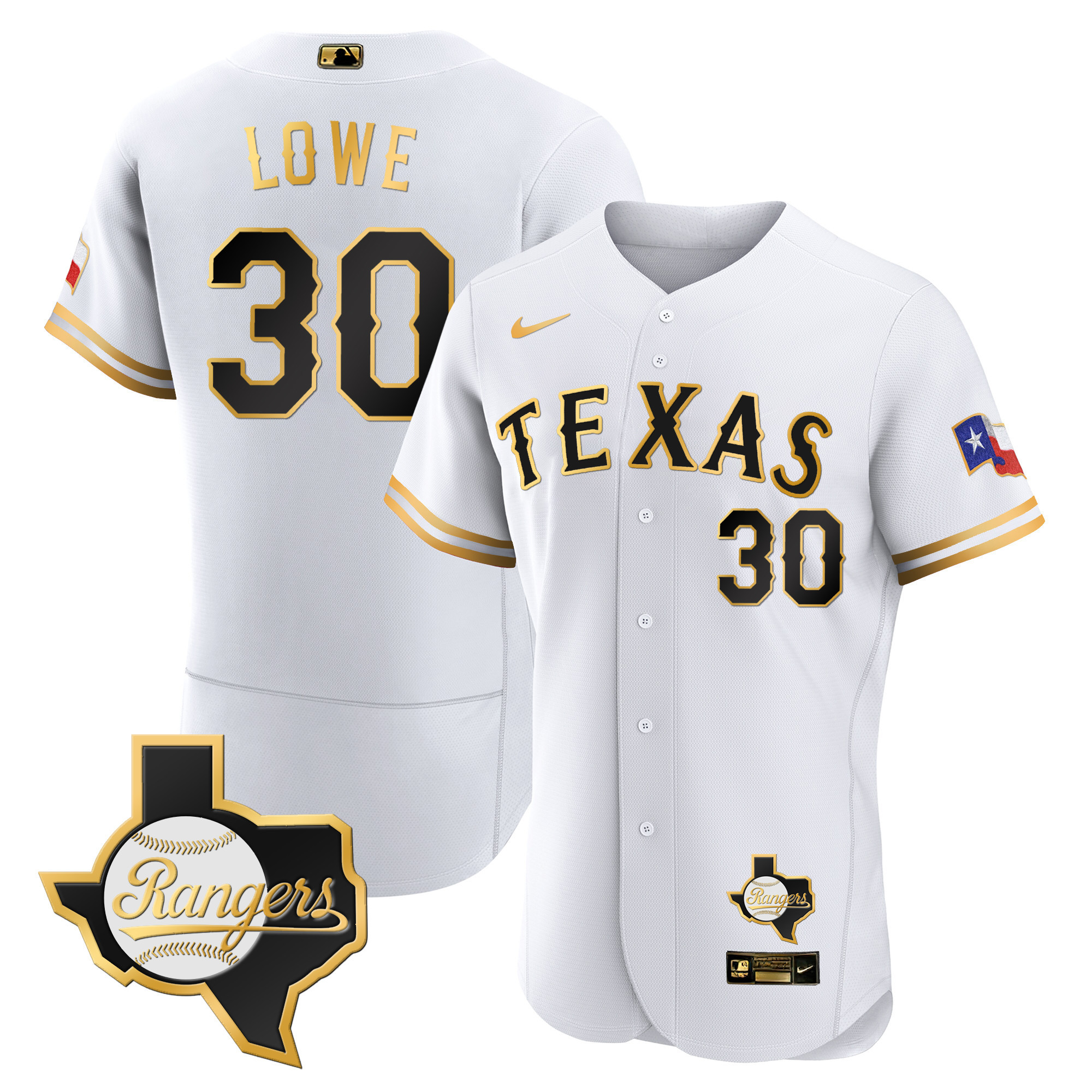Nathaniel Lowe Men's Texas Rangers 2023 Flex Base - Texas Patch White Gold Jersey - All Stitched