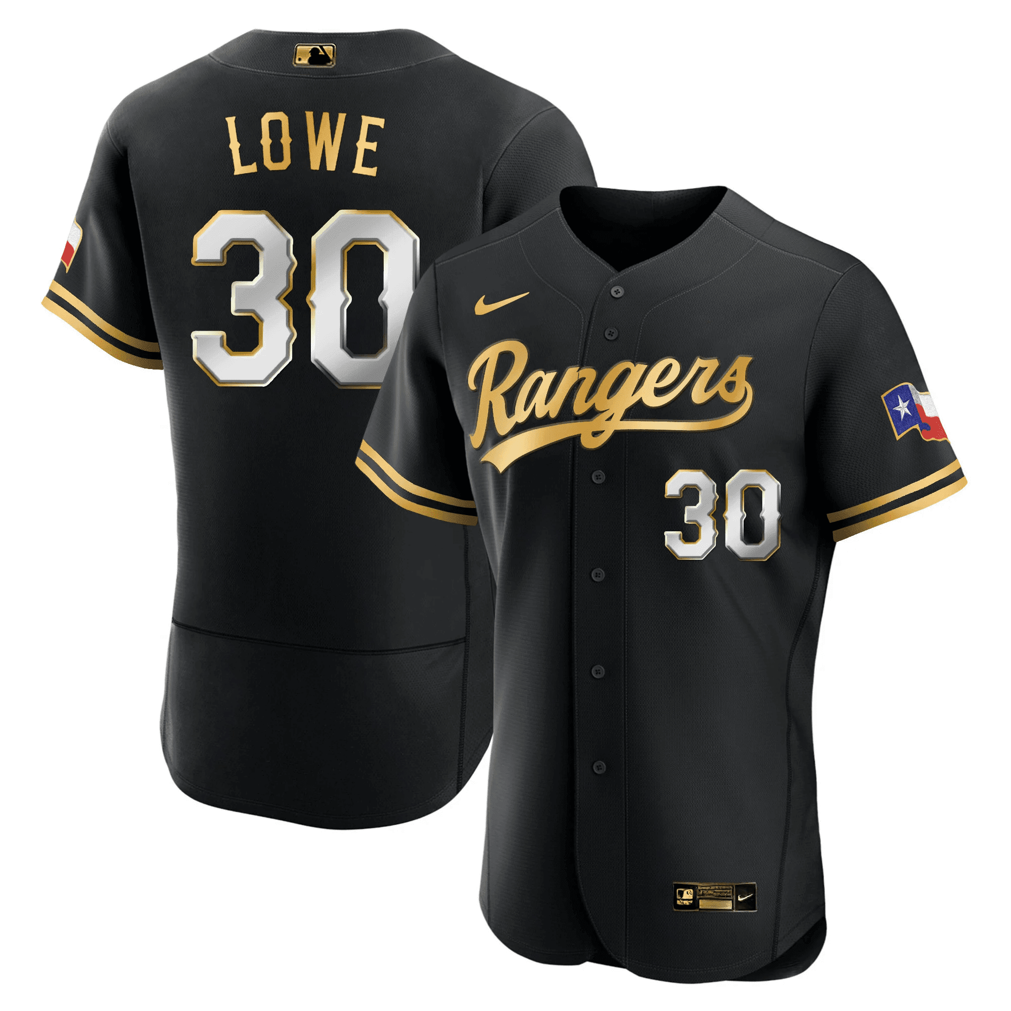 Nathaniel Lowe Men's Texas Rangers 2023 Gold Flex Black Jersey - All Stitched