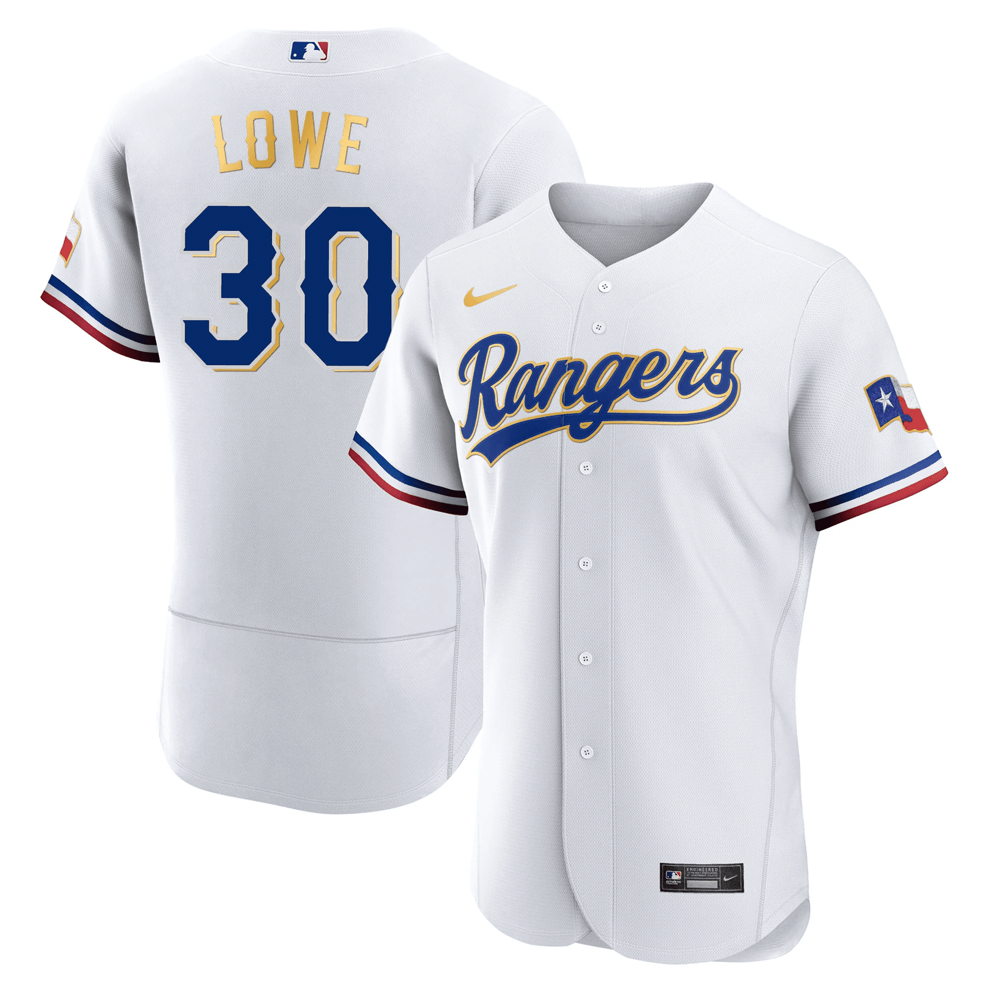 Nathaniel Lowe Men's Texas Rangers 2023 Gold Trim Flex White Jersey - All Stitched