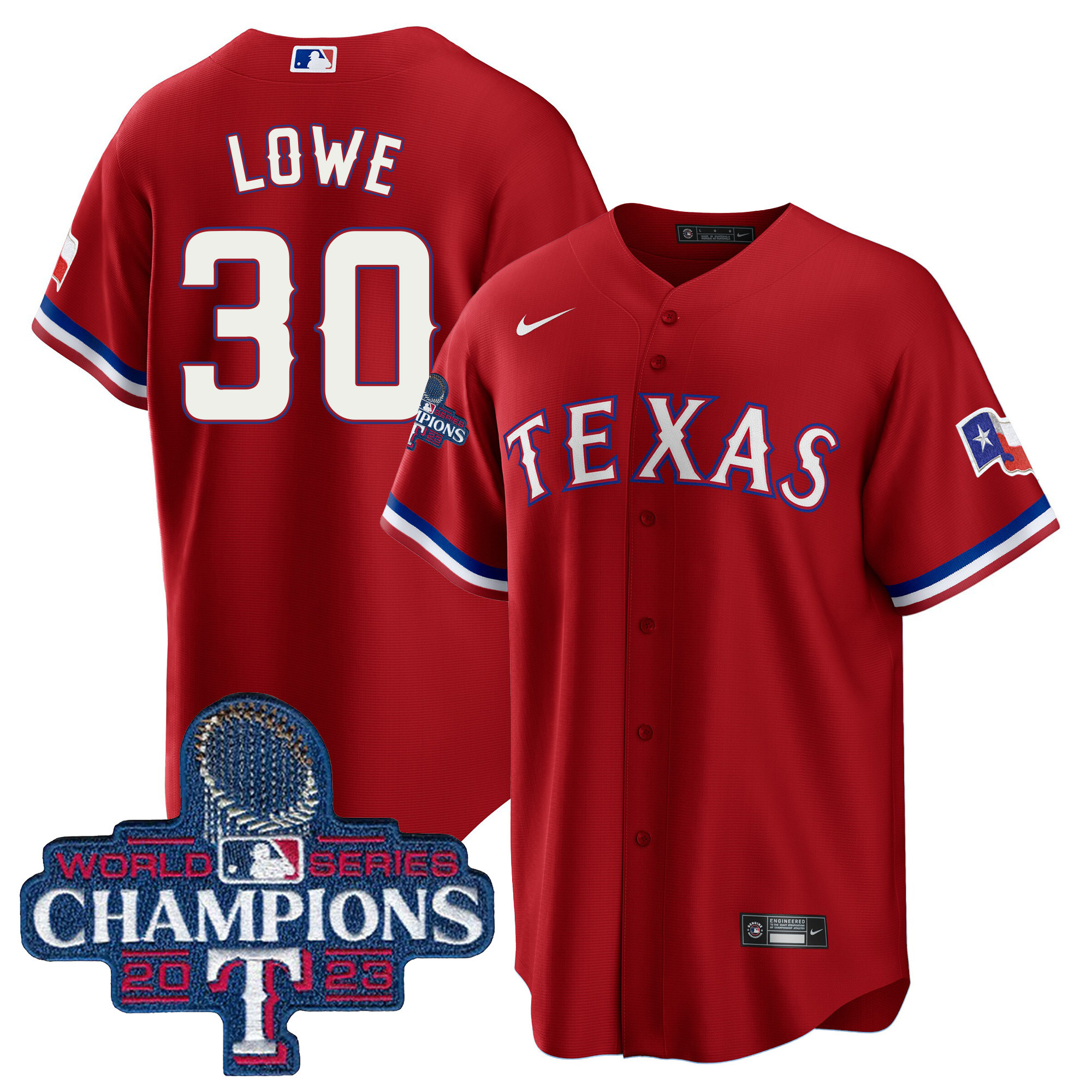 Nathaniel Lowe Men's Texas Rangers 2023 World Series Champions Cool Base Red Jersey - All Stitched