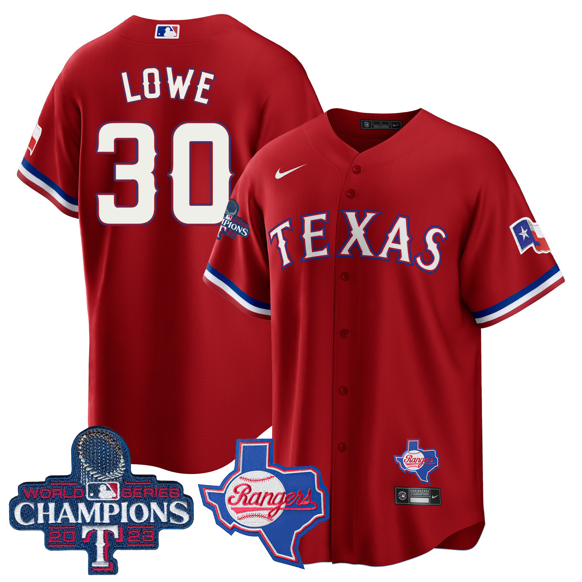Nathaniel Lowe Men's Texas Rangers 2023 World Series Champions Cool Base V2 Red Jersey - All Stitched