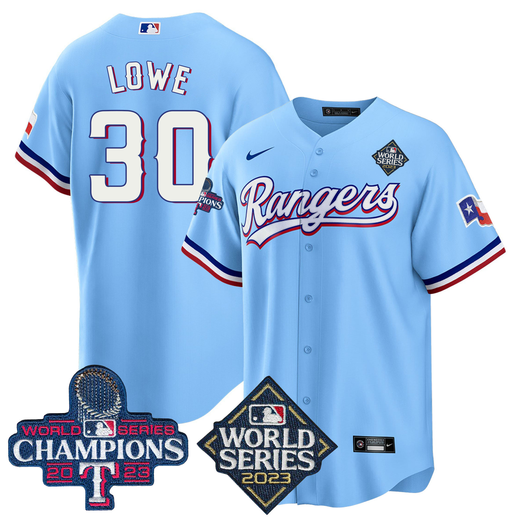 Nathaniel Lowe Men's Texas Rangers 2023 World Series Champions Cool Base V4 Blue Jersey - All Stitched