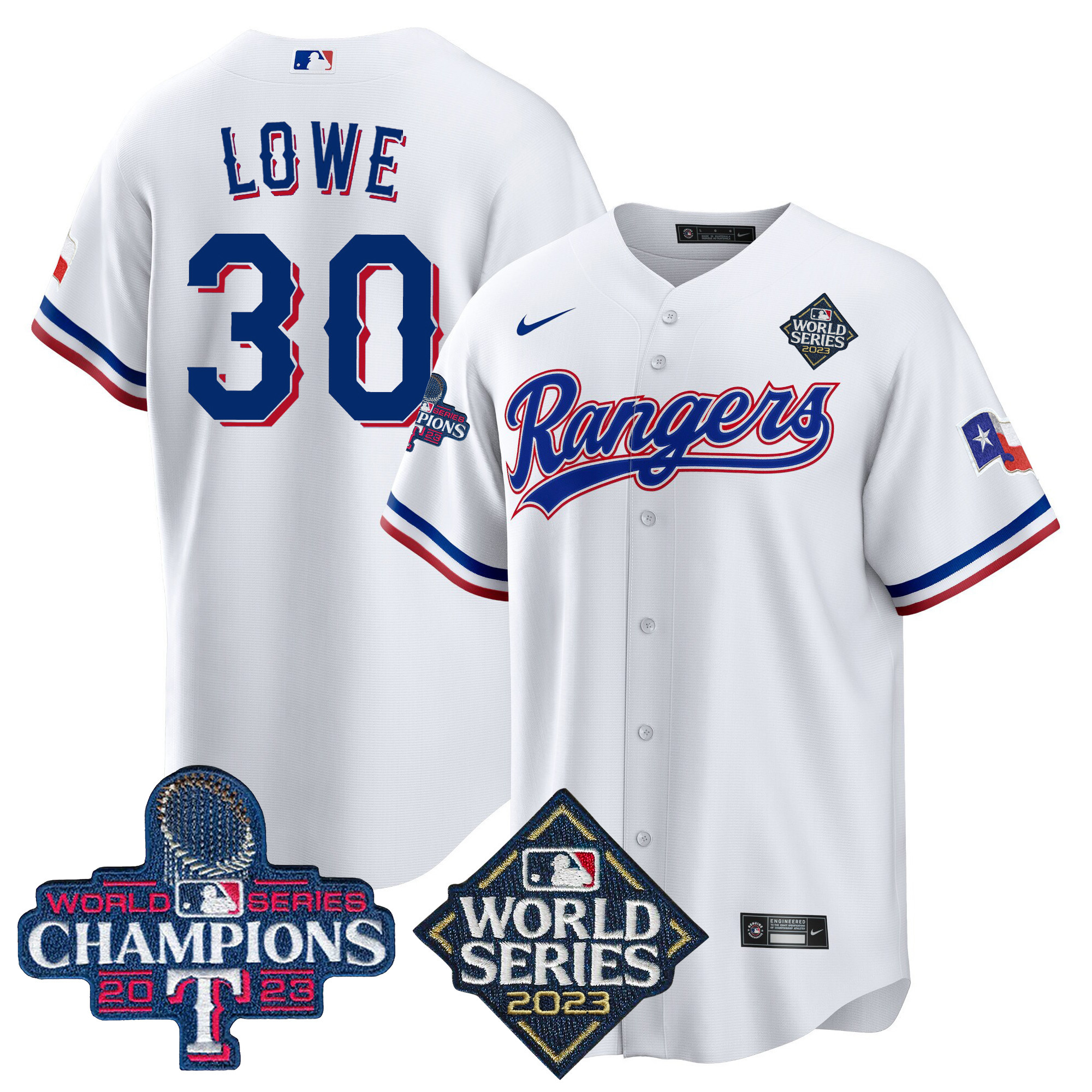 Nathaniel Lowe Men's Texas Rangers 2023 World Series Champions Cool Base V4 White Jersey - All Stitched