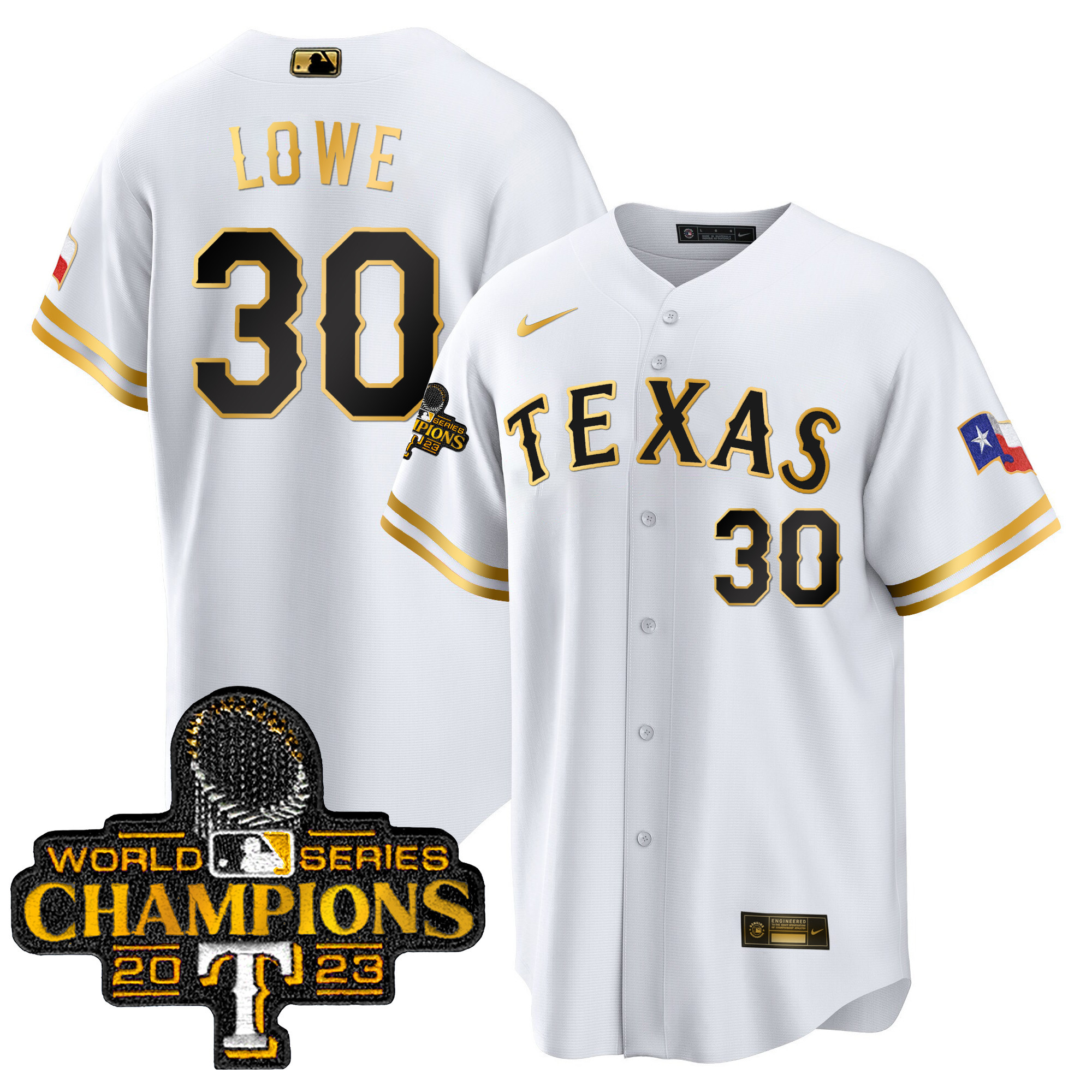 Nathaniel Lowe Men's Texas Rangers 2023 World Series Champions Cool Base White Gold Jersey - All Stitched