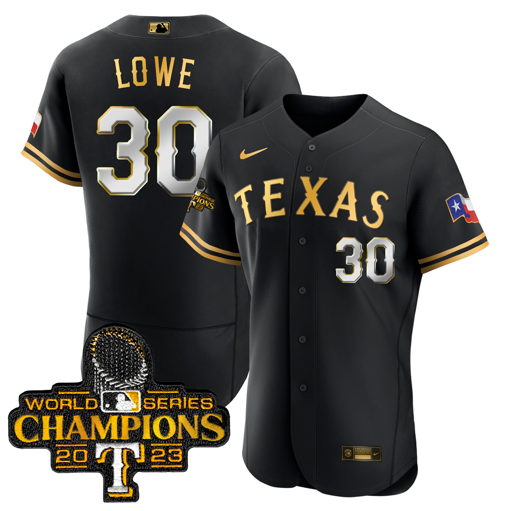 Nathaniel Lowe Men's Texas Rangers 2023 World Series Champions Flex Base Black Gold Jersey - All Stitched