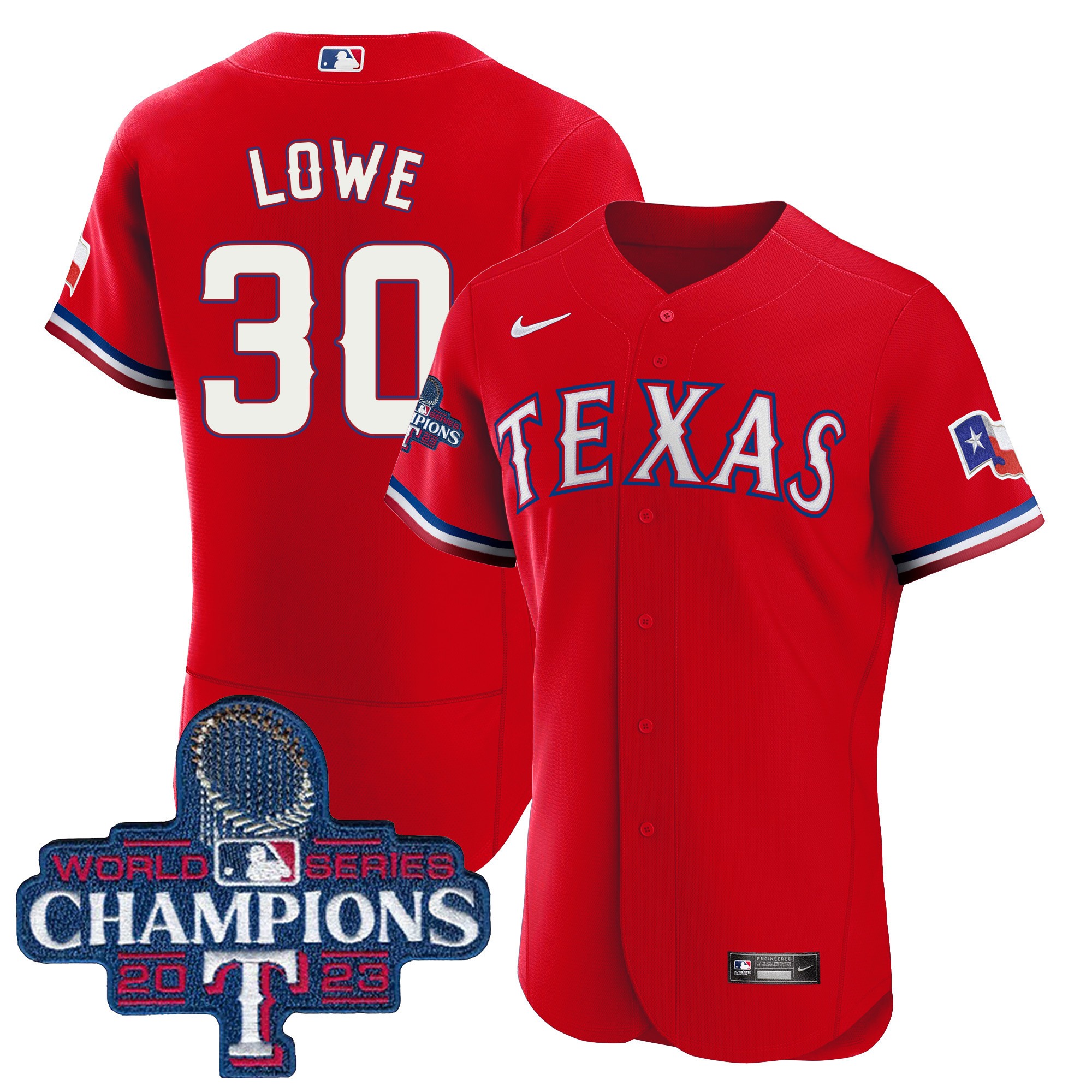 Nathaniel Lowe Men's Texas Rangers 2023 World Series Champions Flex Base Red Jersey - All Stitched