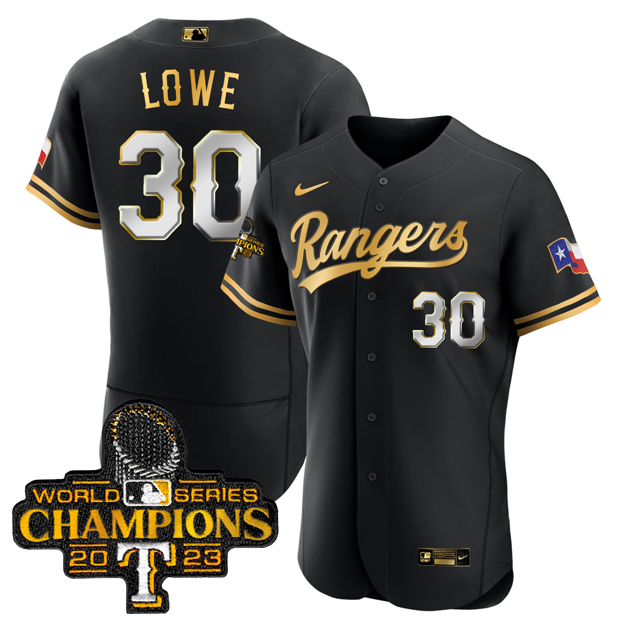 Nathaniel Lowe Men's Texas Rangers 2023 World Series Champions Flex Base V3 Black Gold Jersey - All Stitched