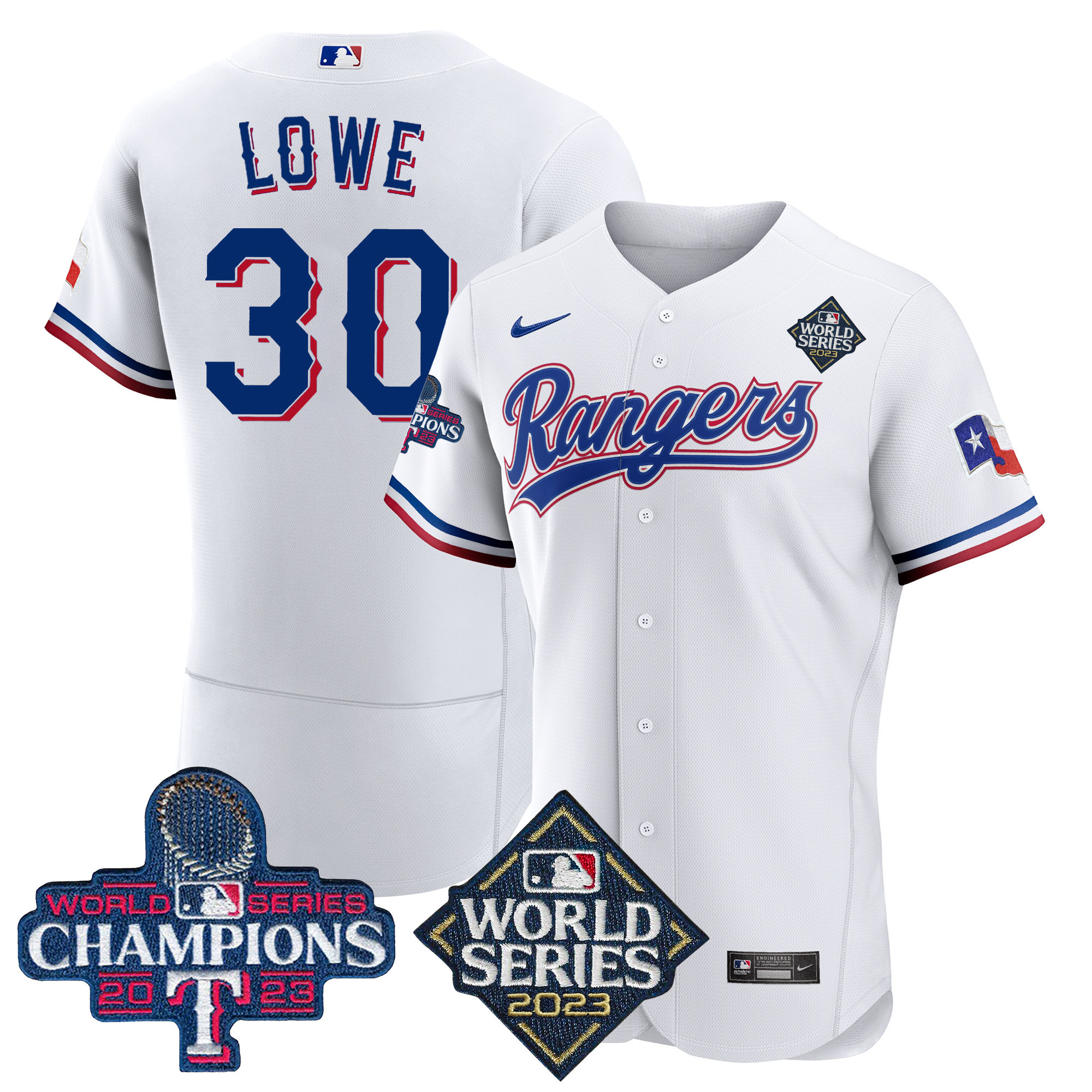 Nathaniel Lowe Men's Texas Rangers 2023 World Series Champions Flex Base V4 White Jersey - All Stitched