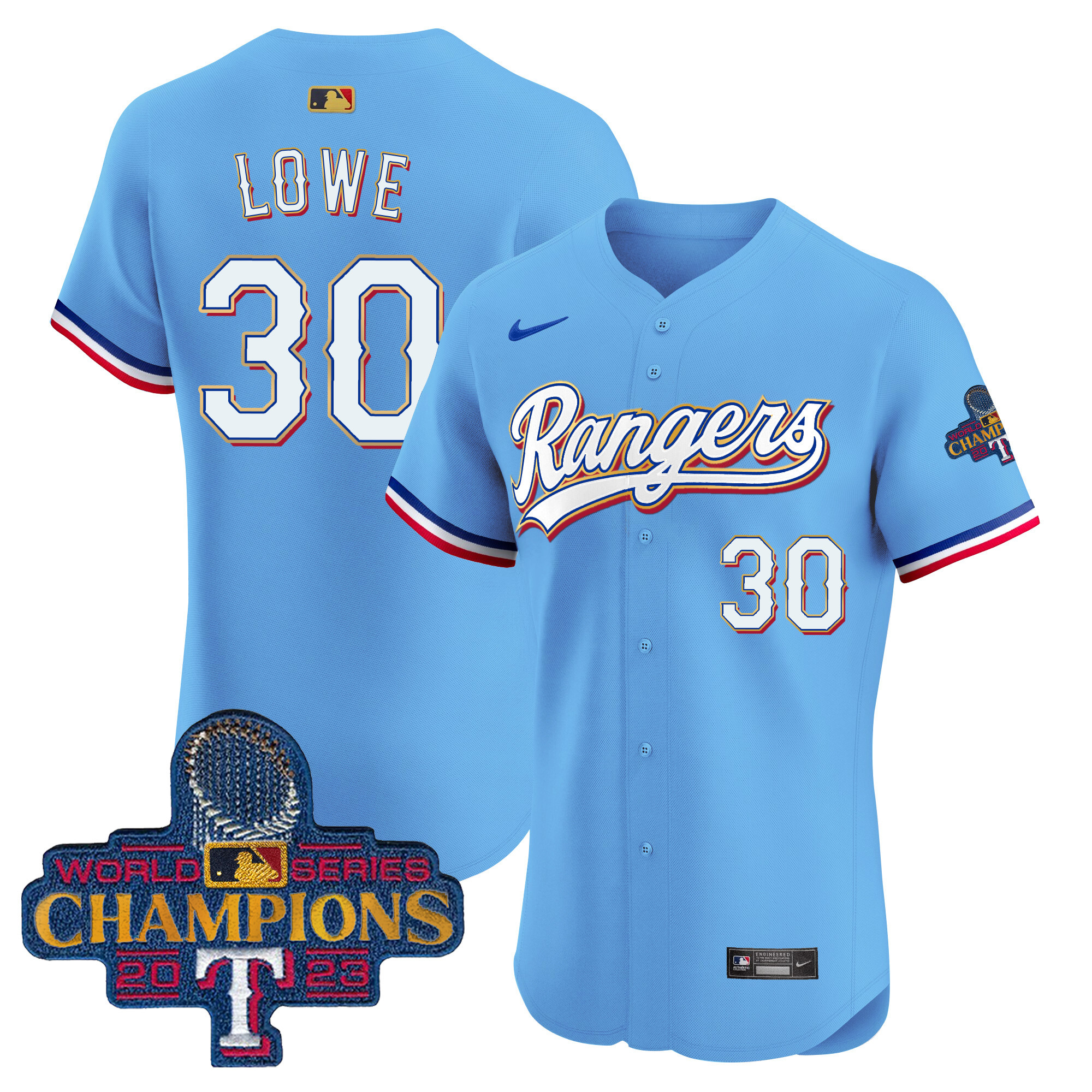 Nathaniel Lowe Men's Texas Rangers 2023 World Series Champions Gold Trim Vapor Premier Elite Blue Jersey - All Stitched