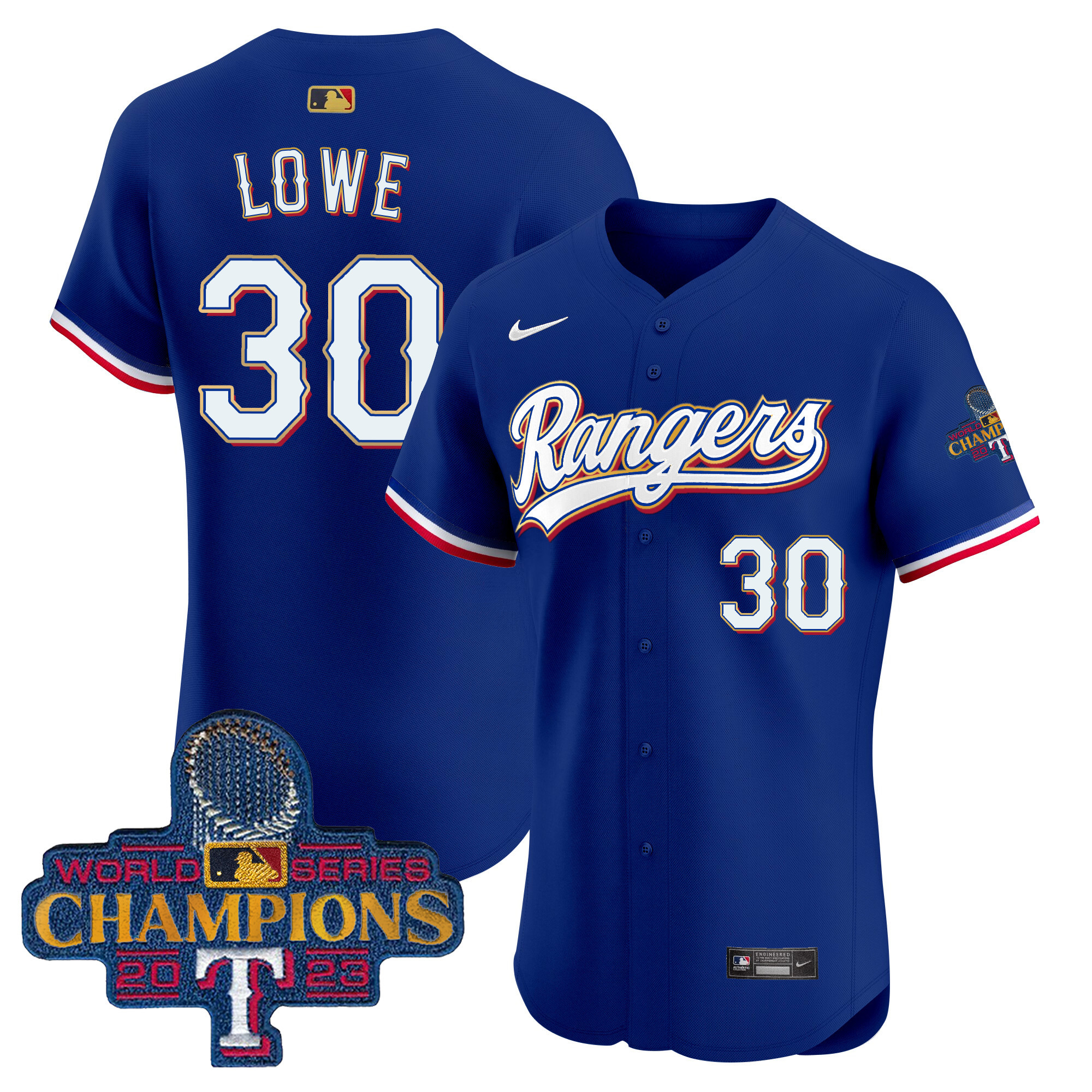 Nathaniel Lowe Men's Texas Rangers 2023 World Series Champions Gold Trim Vapor Premier Elite Royal Jersey - All Stitched