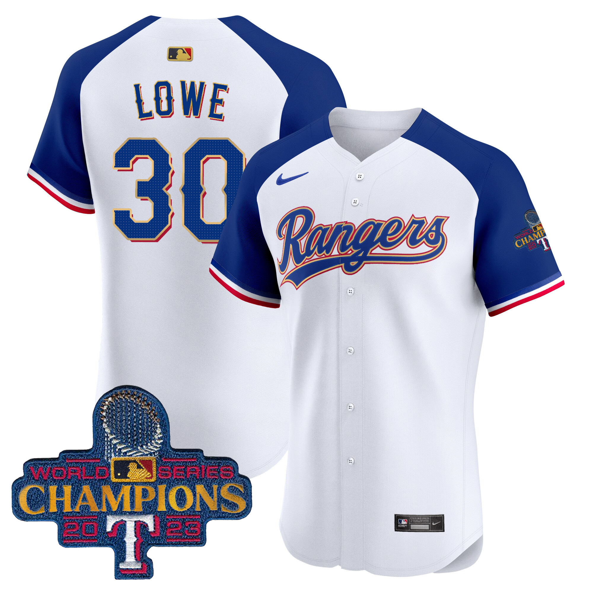 Nathaniel Lowe Men's Texas Rangers 2023 World Series Champions Gold Trim Vapor Premier Elite White Alternate Jersey - All Stitched