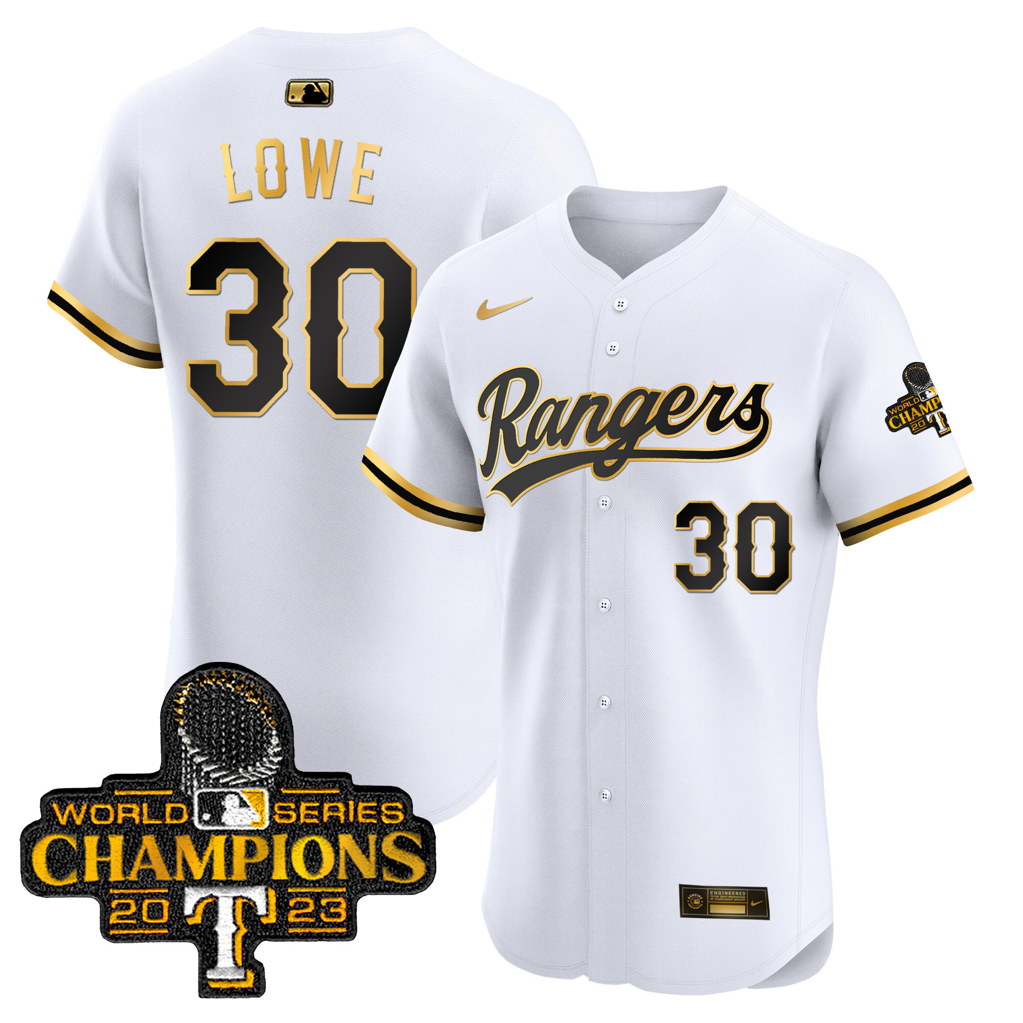 Nathaniel Lowe Men's Texas Rangers 2023 World Series Champions Gold Trim Vapor Premier Elite White Gold Jersey - All Stitched