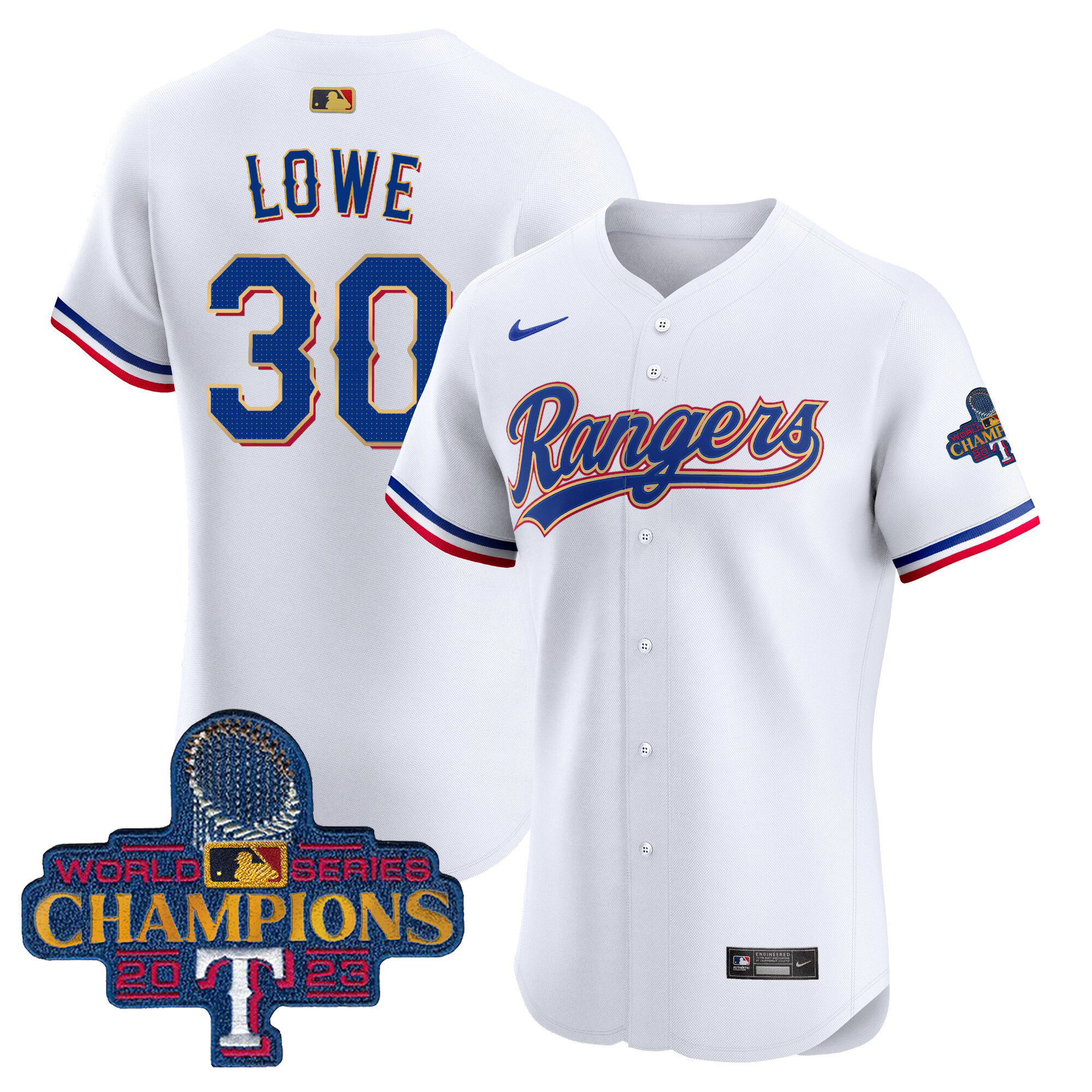 Nathaniel Lowe Men's Texas Rangers 2023 World Series Champions Gold Trim Vapor Premier Elite White Jersey - All Stitched