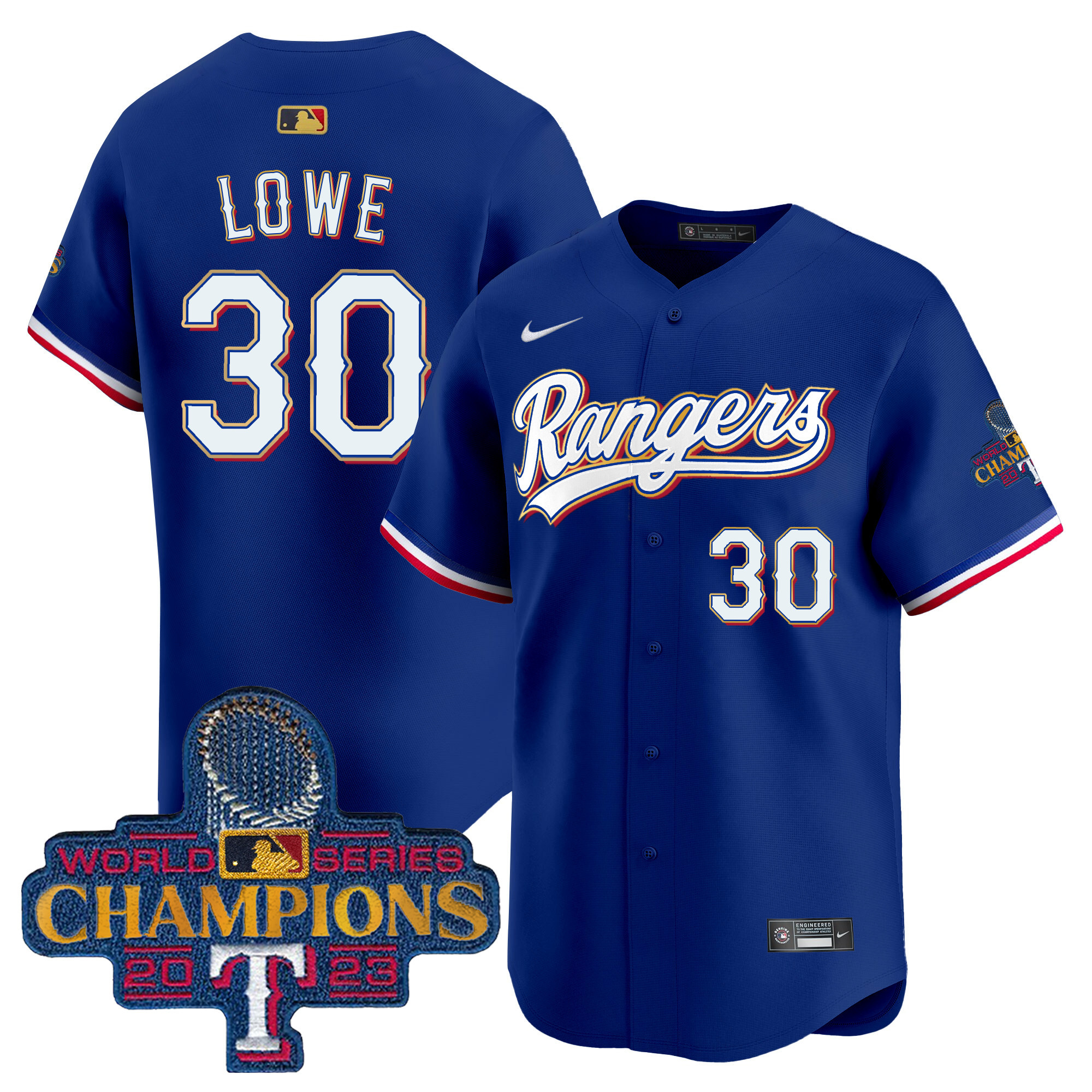 Nathaniel Lowe Men's Texas Rangers 2023 World Series Champions Gold Trim Vapor Premier Limited Royal Jersey - All Stitched