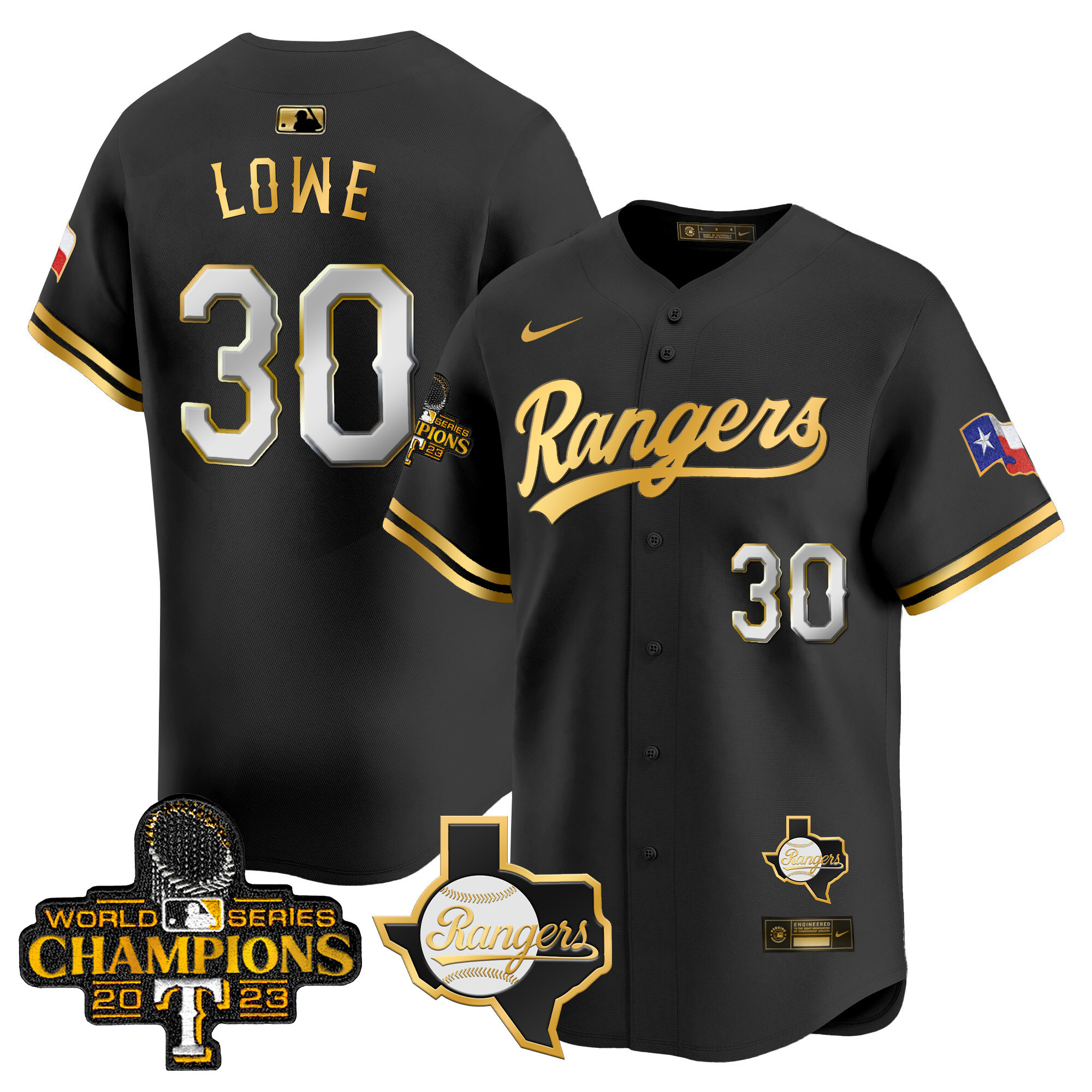 Nathaniel Lowe Men's Texas Rangers 2023 World Series Champions Gold Trim Vapor Premier Limited V2 Black Gold Jersey - All Stitched