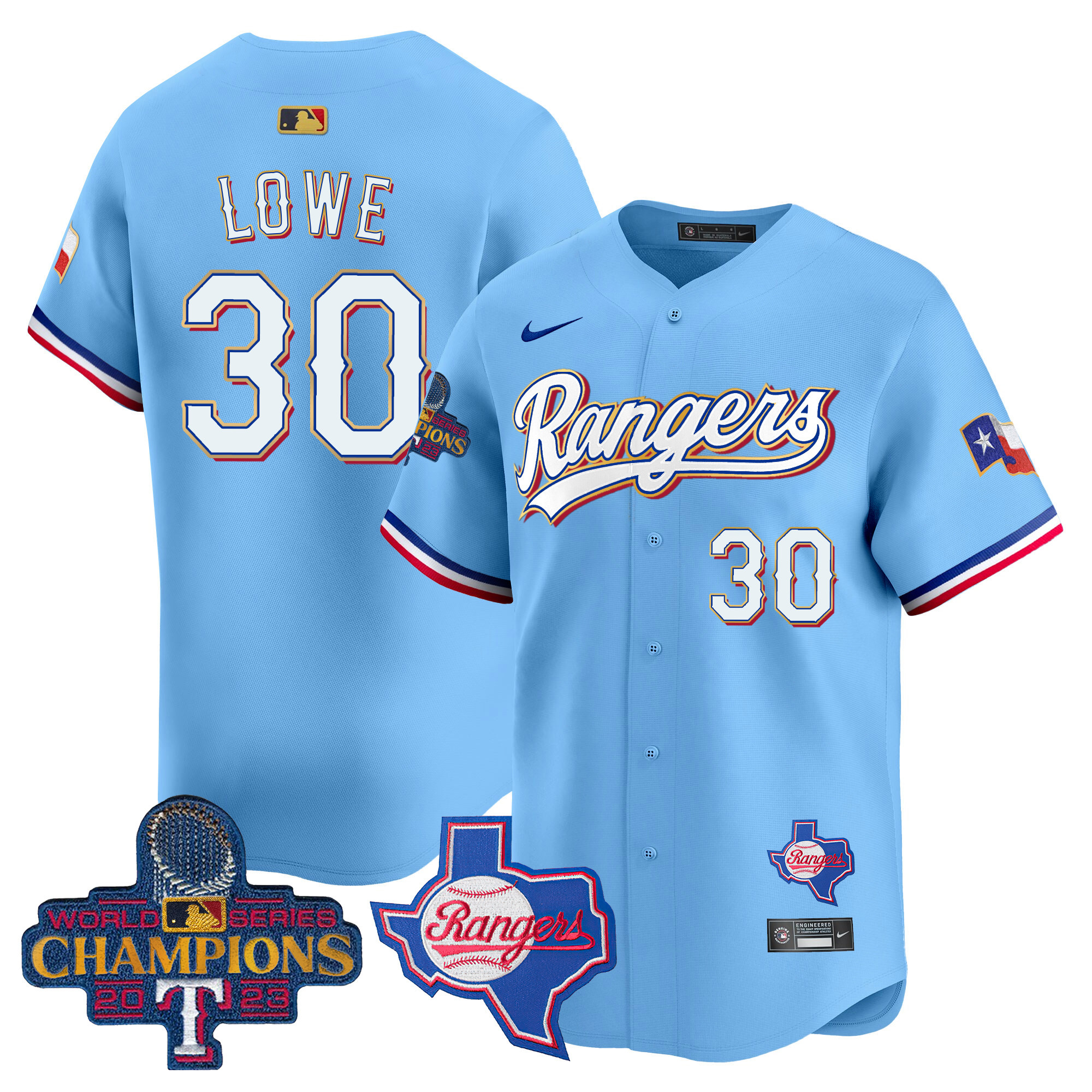 Nathaniel Lowe Men's Texas Rangers 2023 World Series Champions Gold Trim Vapor Premier Limited V2 Blue Jersey - All Stitched