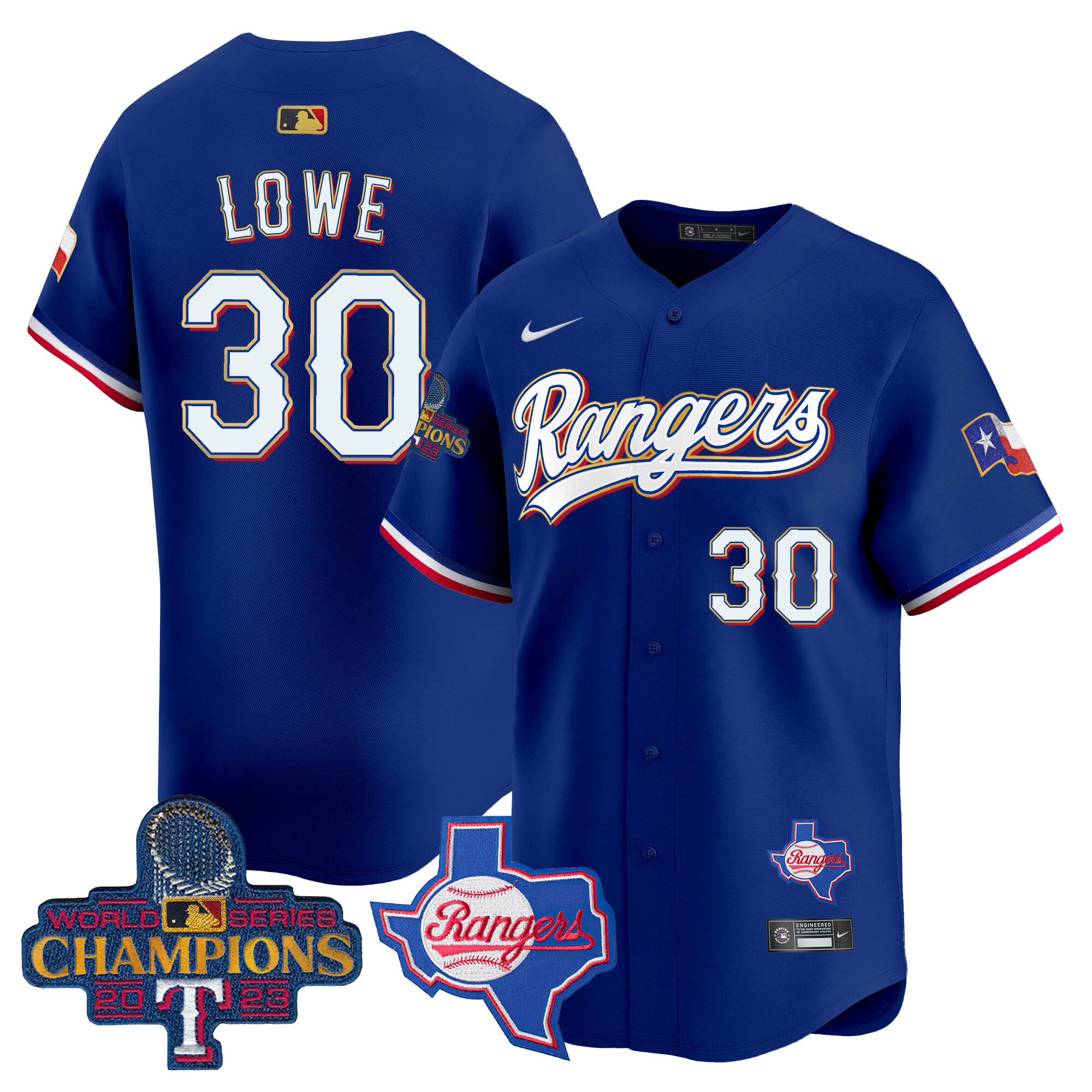 Nathaniel Lowe Men's Texas Rangers 2023 World Series Champions Gold Trim Vapor Premier Limited V2 Royal Jersey - All Stitched