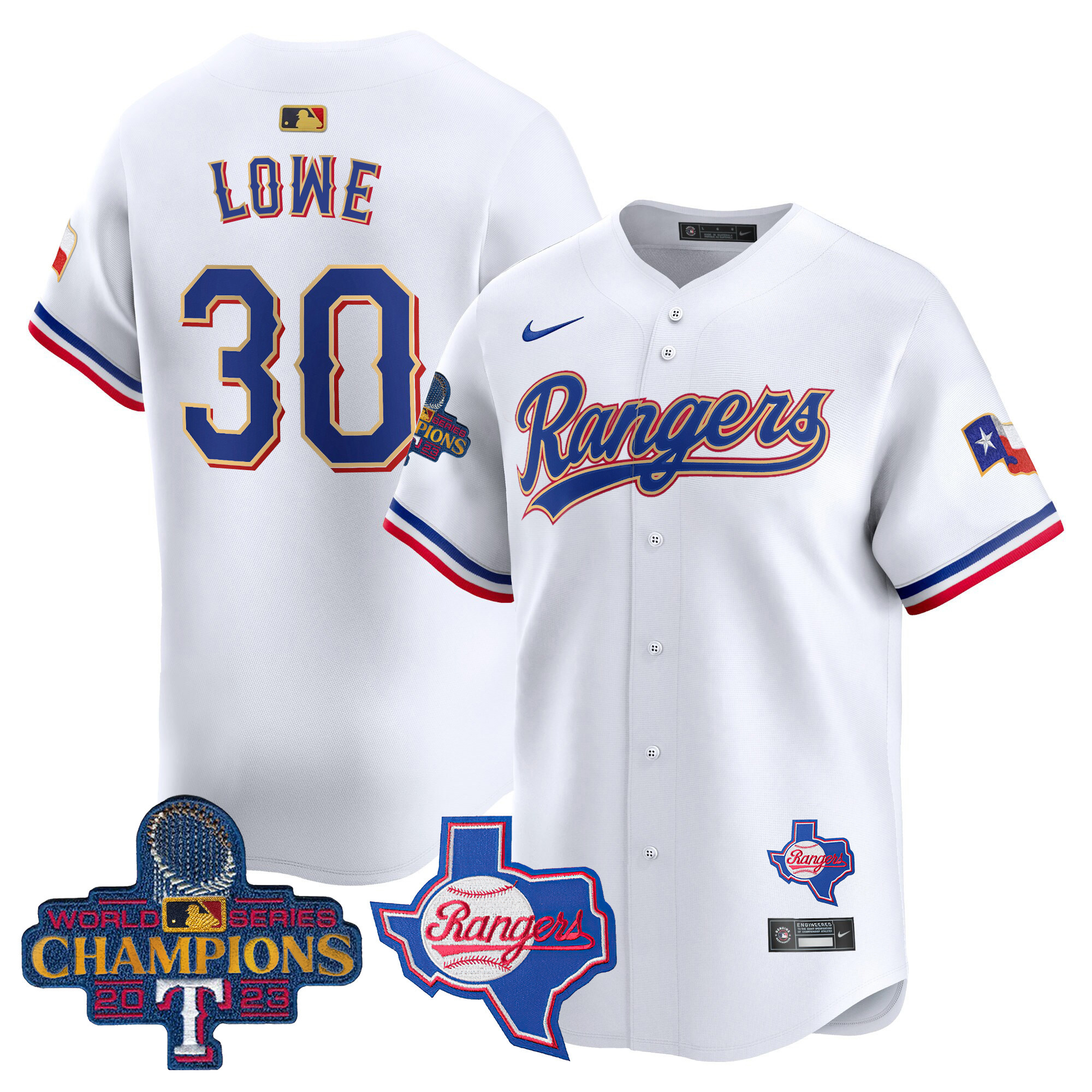Nathaniel Lowe Men's Texas Rangers 2023 World Series Champions Gold Trim Vapor Premier Limited V2 White Jersey - All Stitched