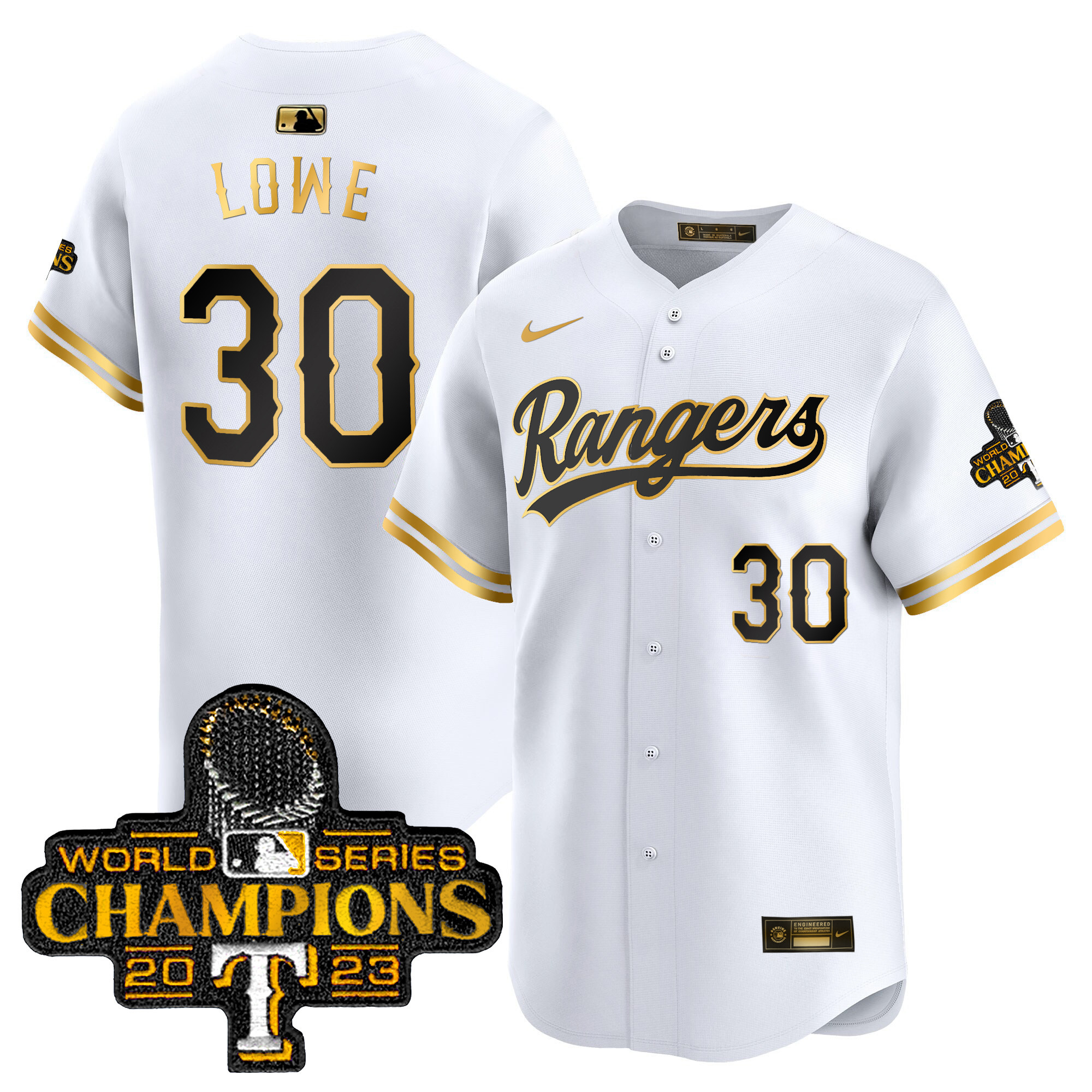 Nathaniel Lowe Men's Texas Rangers 2023 World Series Champions Gold Trim Vapor Premier Limited White Gold Jersey - All Stitched