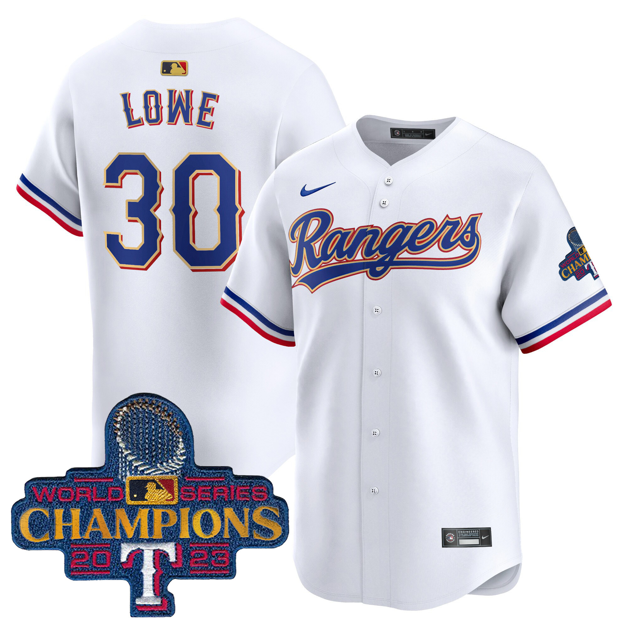 Nathaniel Lowe Men's Texas Rangers 2023 World Series Champions Gold Trim Vapor Premier Limited White Jersey - All Stitched