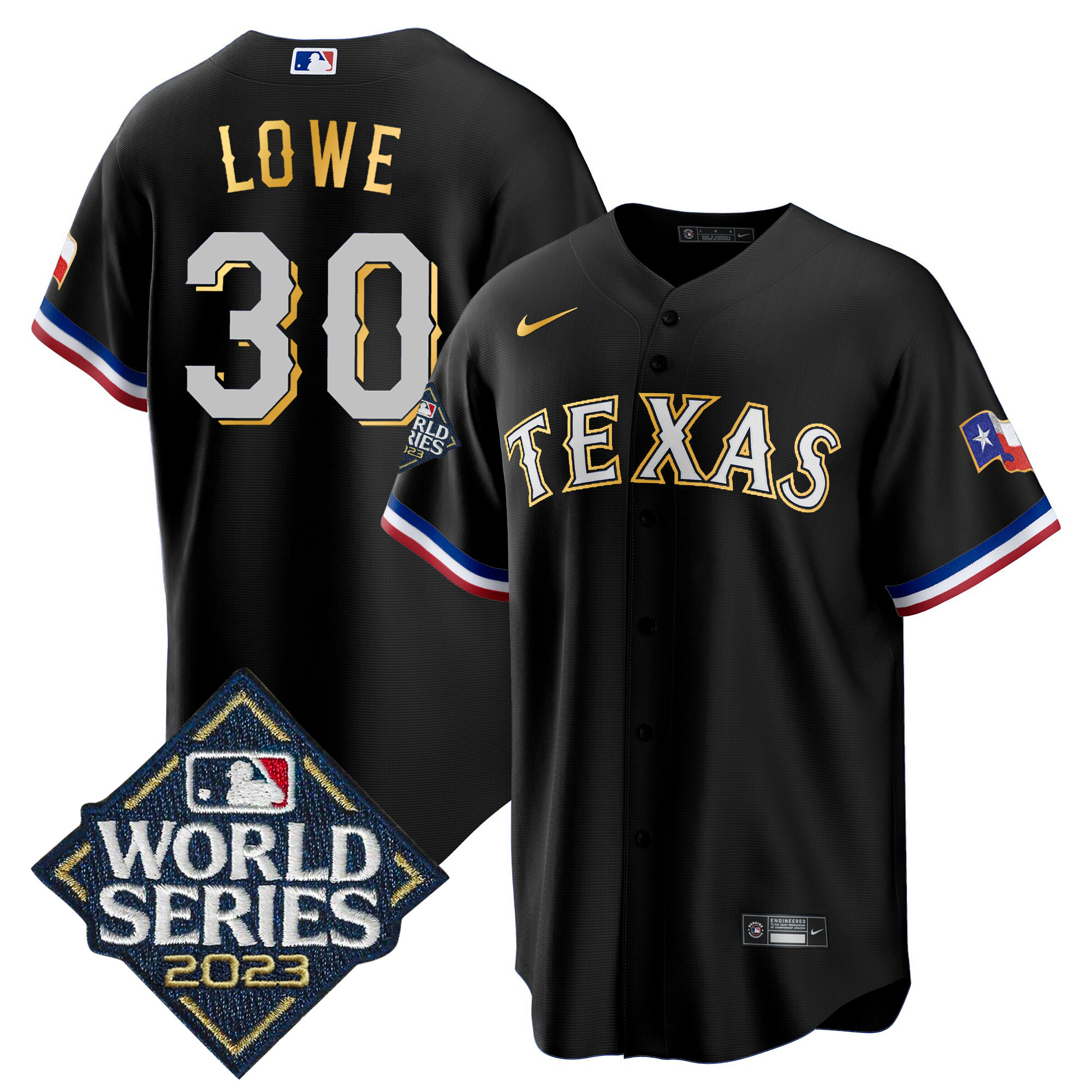 Nathaniel Lowe Men's Texas Rangers 2023 World Series Cool Base Gold Trim Black Jersey - All Stitched