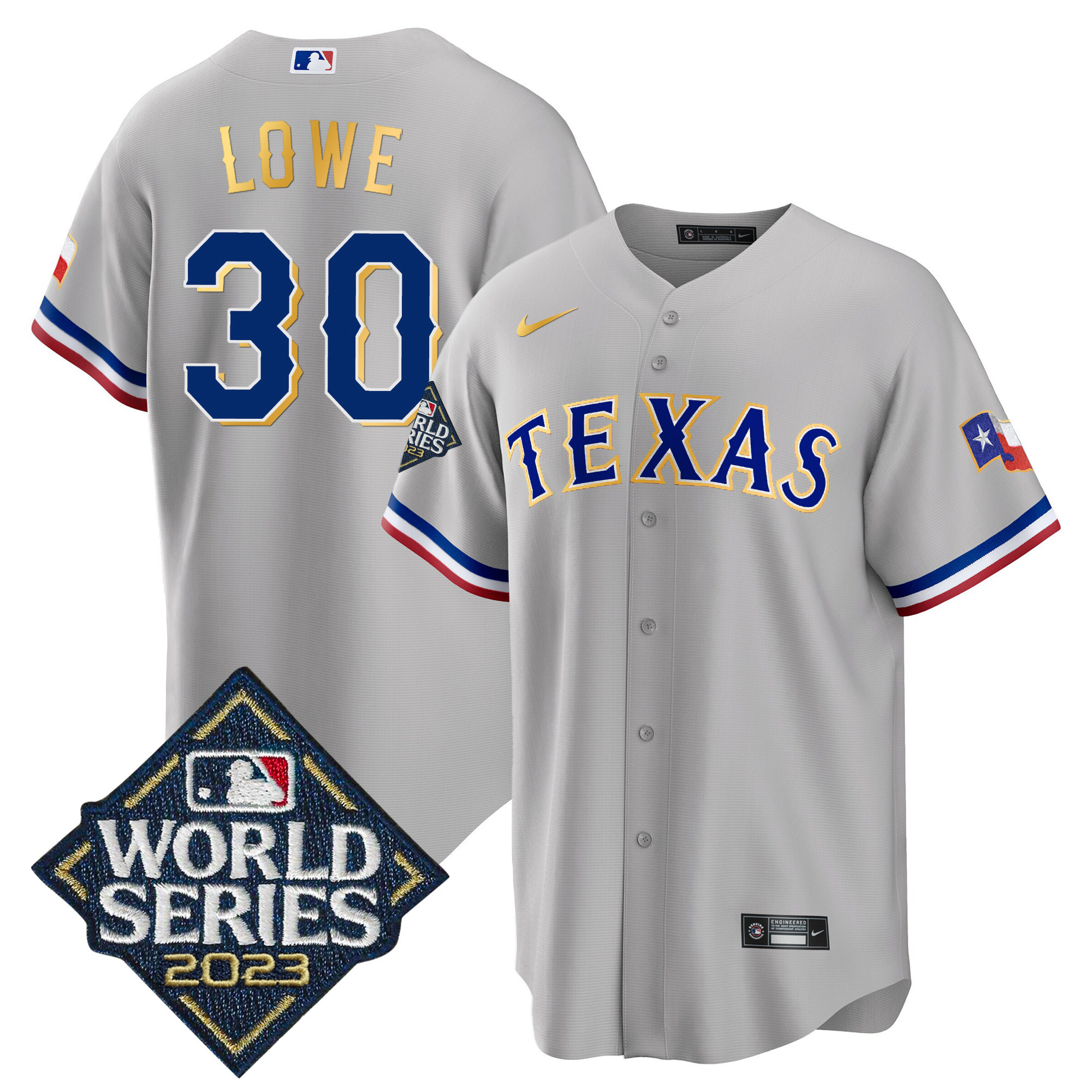 Nathaniel Lowe Men's Texas Rangers 2023 World Series Cool Base Gold Trim Gray Jersey - All Stitched