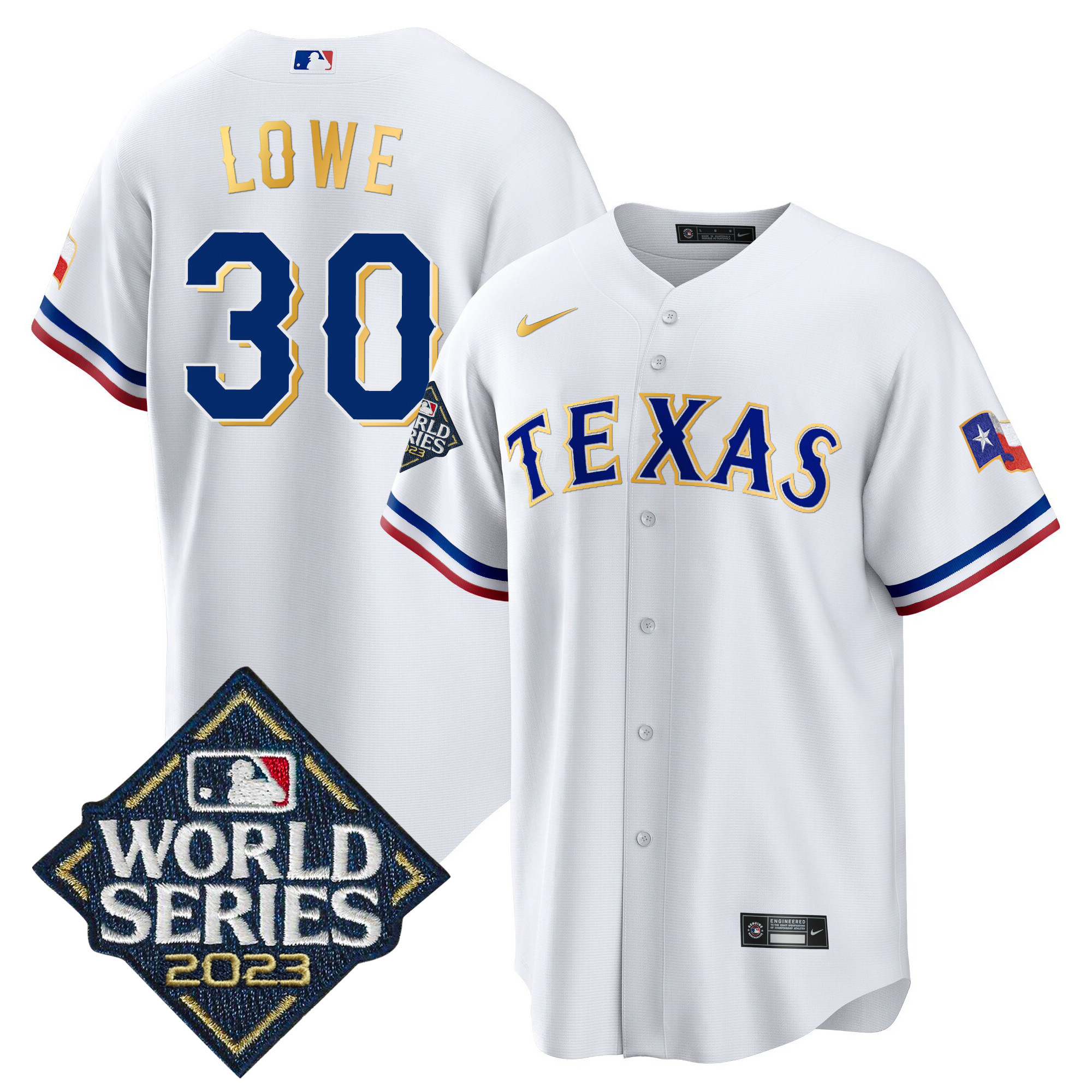 Nathaniel Lowe Men's Texas Rangers 2023 World Series Cool Base Gold Trim White Jersey - All Stitched