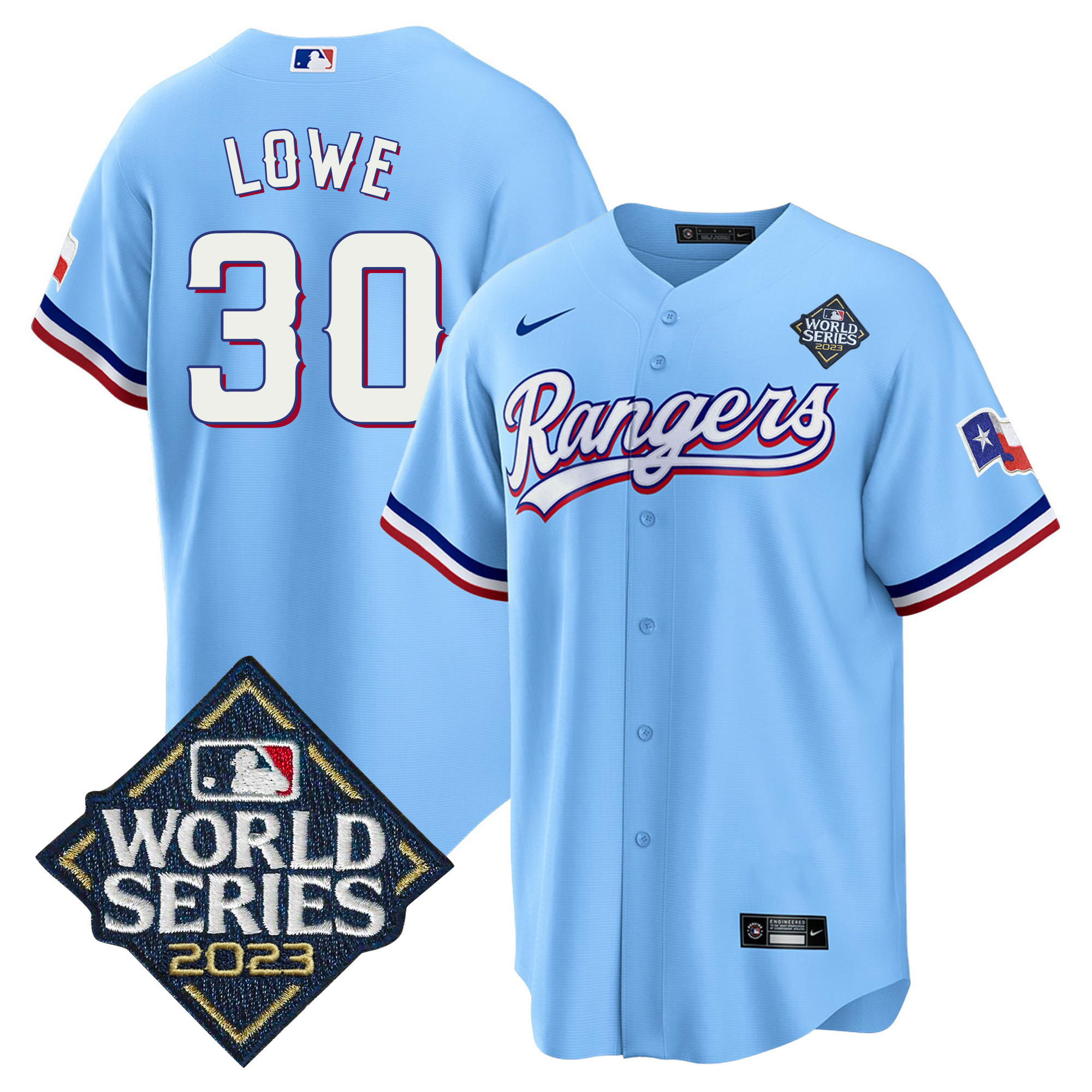 Nathaniel Lowe Men's Texas Rangers 2023 World Series Cool Base V2 Blue Jersey - All Stitched