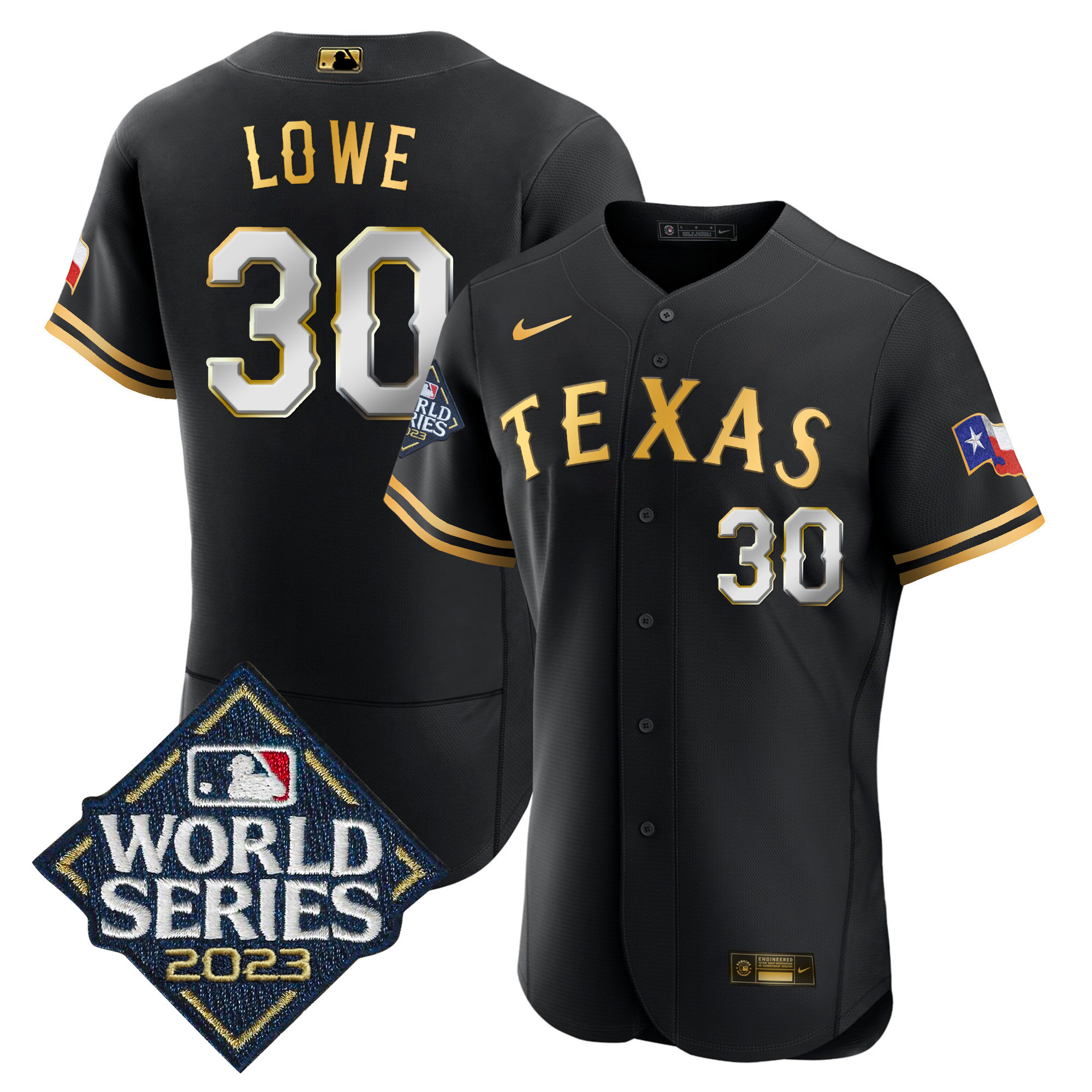 Nathaniel Lowe Men's Texas Rangers 2023 World Series Flex Base Black Gold Jersey - All Stitched
