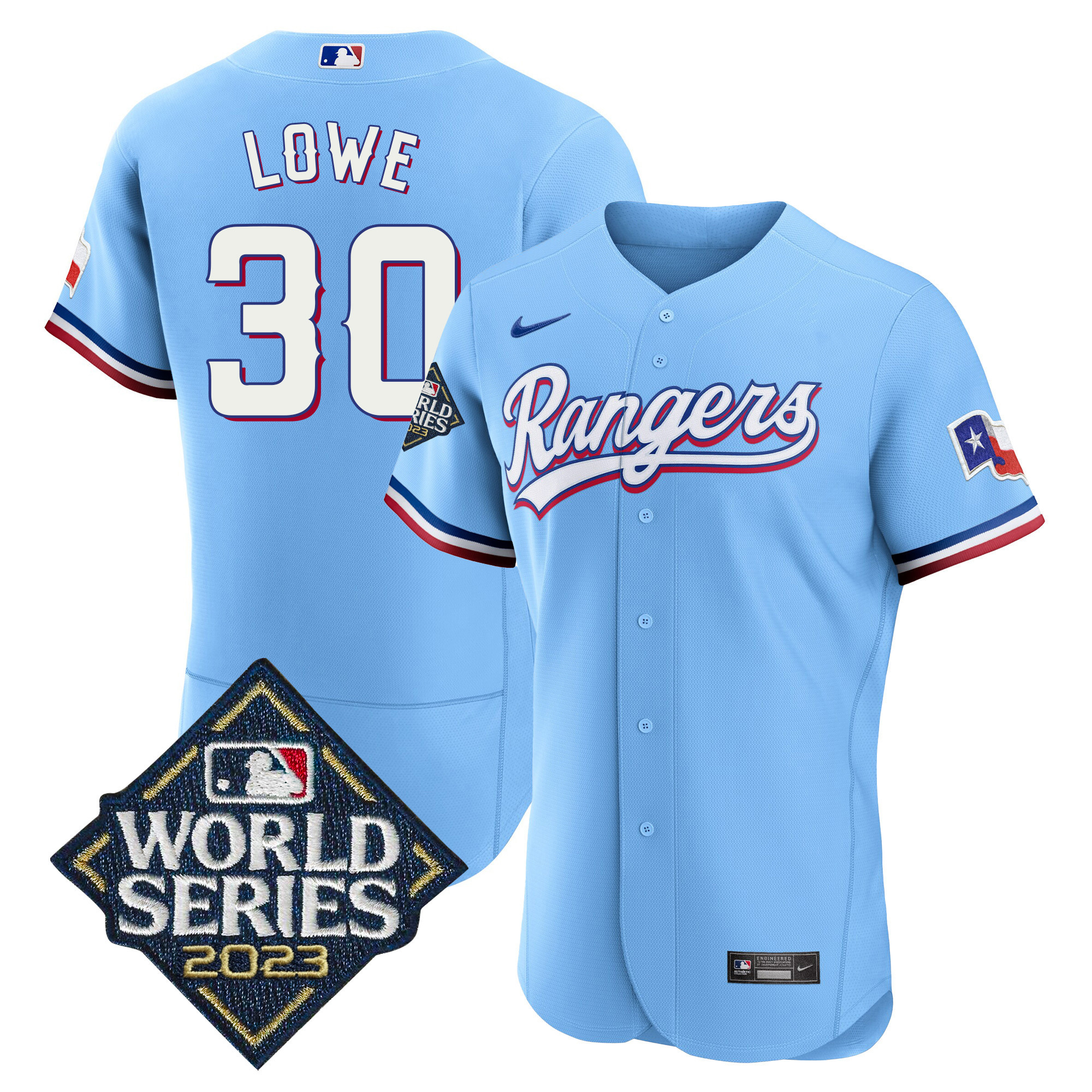 Nathaniel Lowe Men's Texas Rangers 2023 World Series Flex Base Blue Jersey - All Stitched