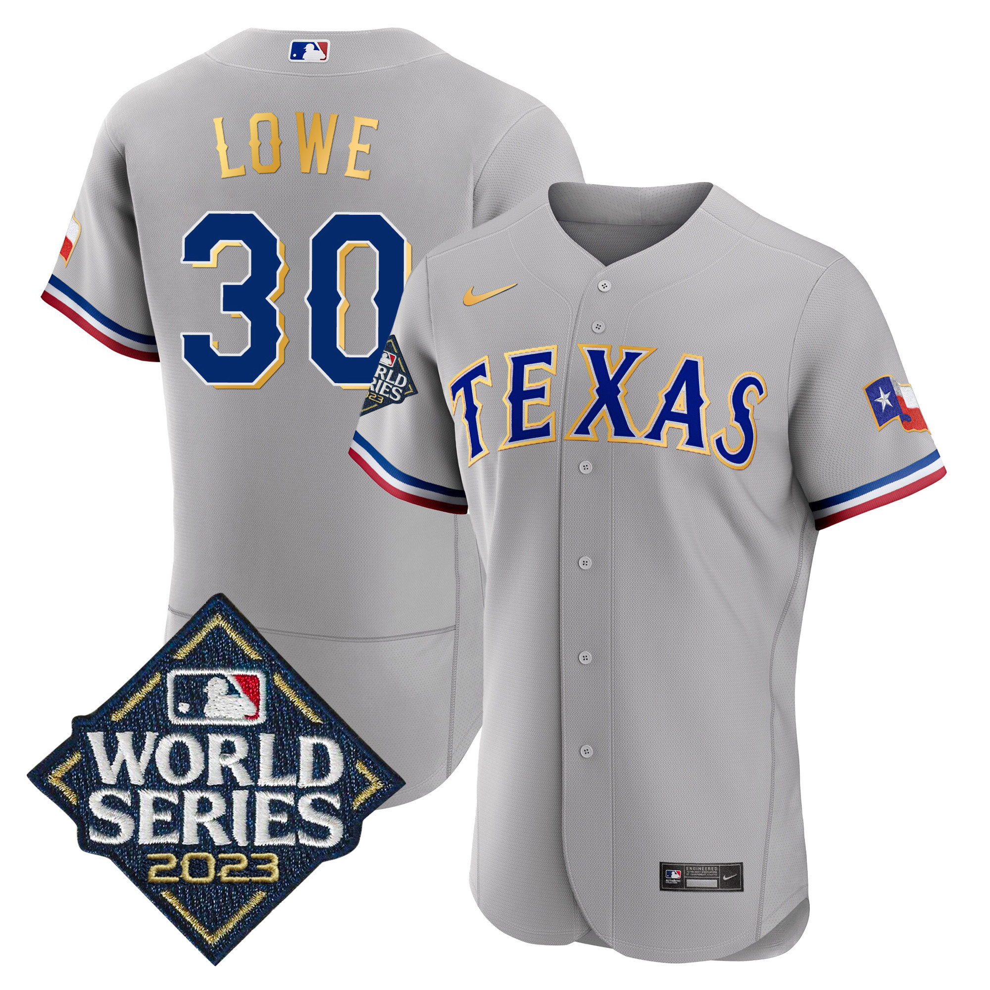 Nathaniel Lowe Men's Texas Rangers 2023 World Series Flex Base Gold Trim Gray Jersey - All Stitched