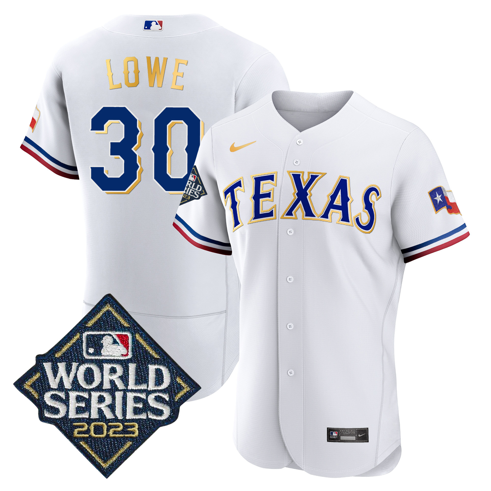 Nathaniel Lowe Men's Texas Rangers 2023 World Series Flex Base Gold Trim White Jersey - All Stitched