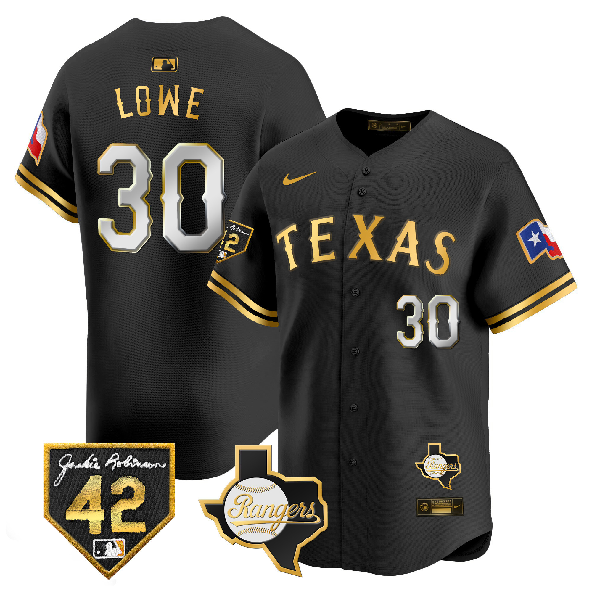 Nathaniel Lowe Men's Texas Rangers 2024 Jackie Robinson Patch Vapor Premier Limited Black Gold Jersey - All Stitched