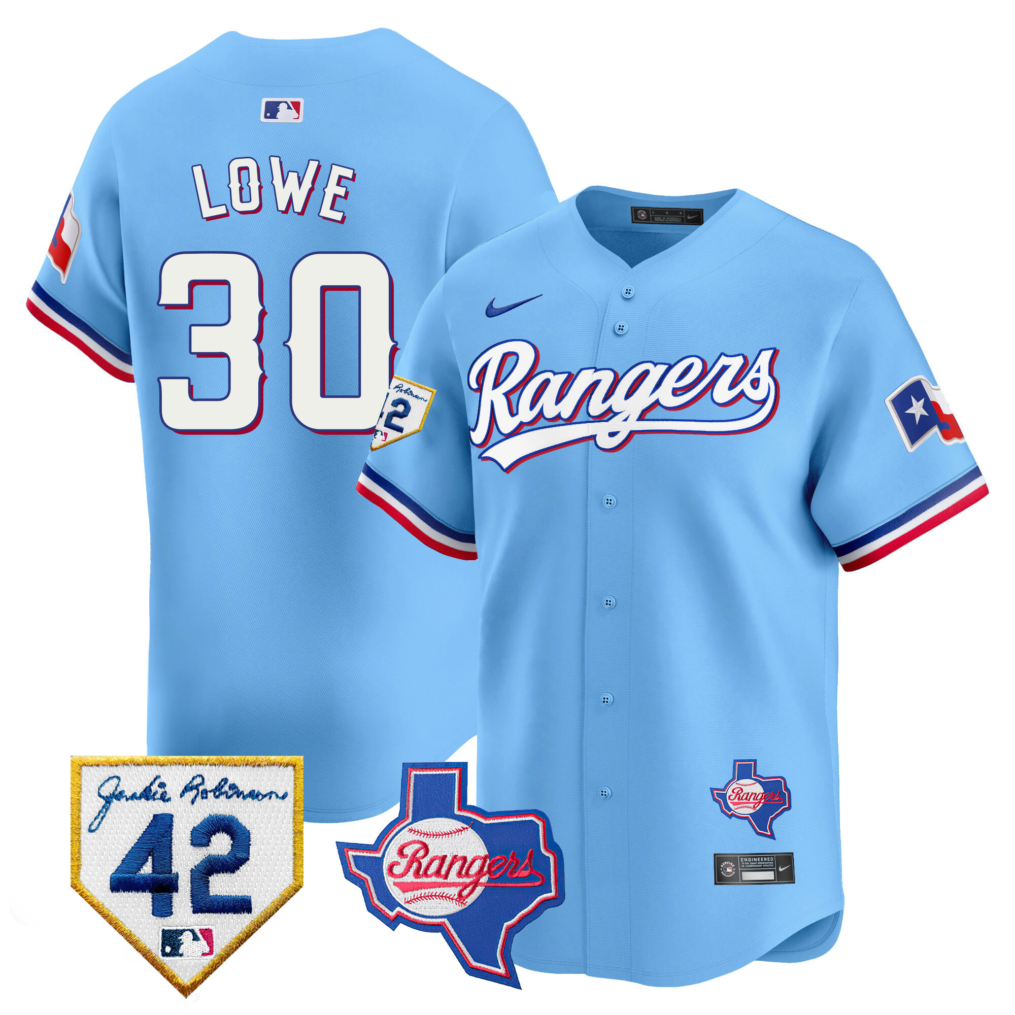 Nathaniel Lowe Men's Texas Rangers 2024 Jackie Robinson Patch Vapor Premier Limited Blue Jersey - All Stitched