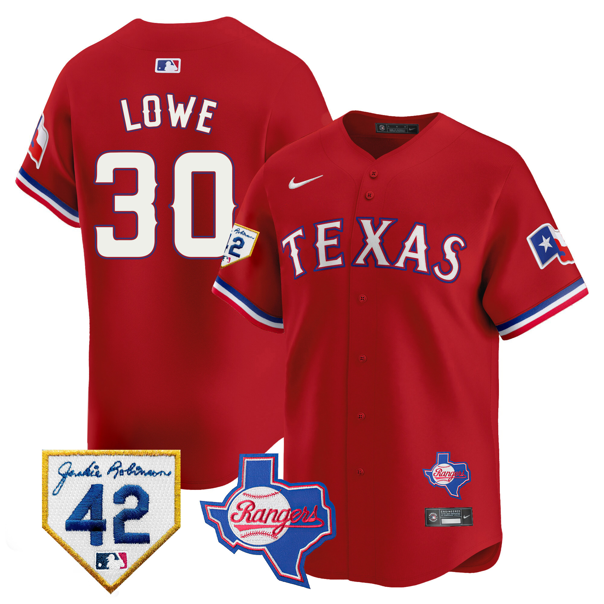 Nathaniel Lowe Men's Texas Rangers 2024 Jackie Robinson Patch Vapor Premier Limited Red Jersey - All Stitched