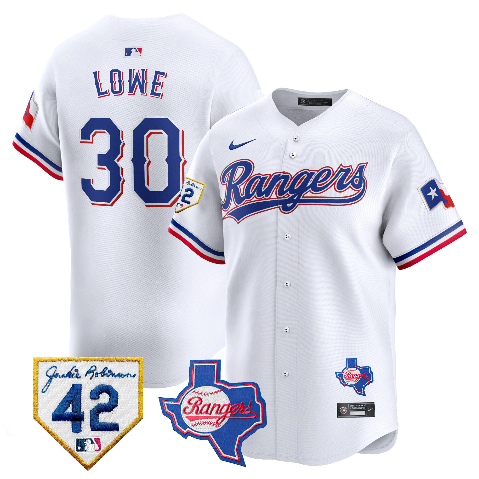 Nathaniel Lowe Men's Texas Rangers 2024 Jackie Robinson Patch Vapor Premier Limited White Jersey - All Stitched