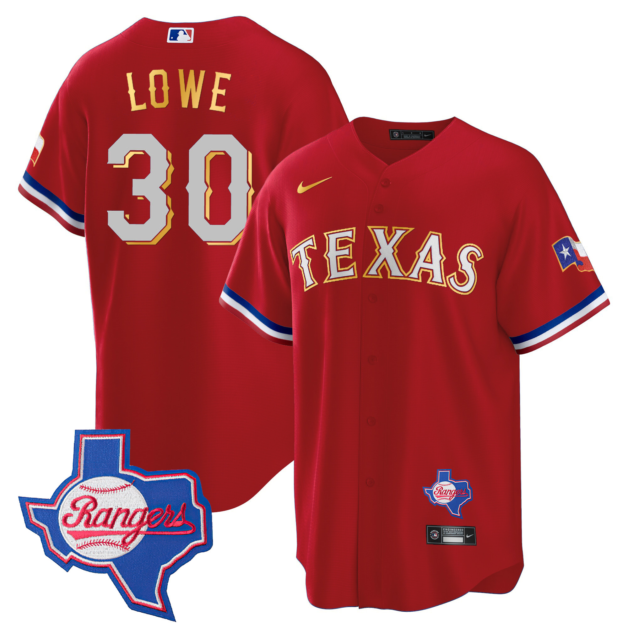 Nathaniel Lowe Men's Texas Rangers Gold Trim Cool Base - Texas Patch Red Jersey - All Stitched