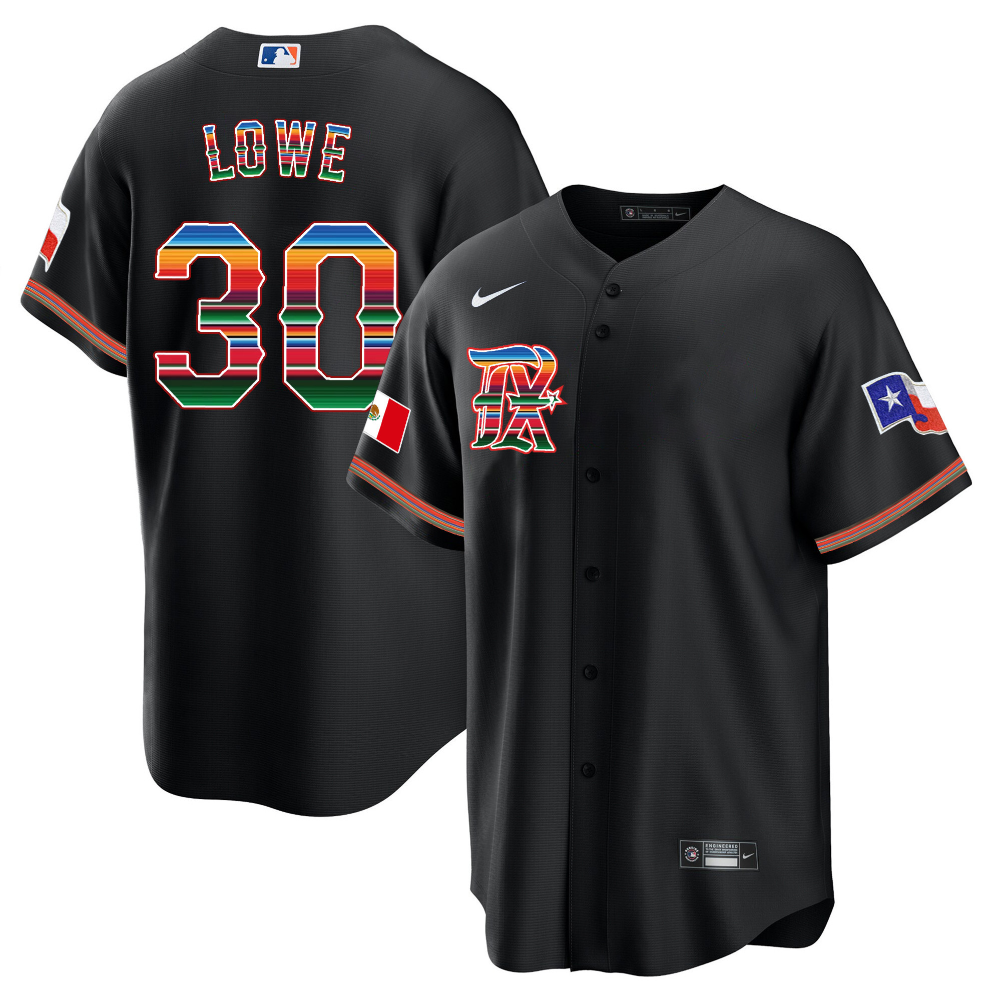 Nathaniel Lowe Men's Texas Rangers Mexican Heritage Night Cool Base - City Connect Black Jersey - All Stitched