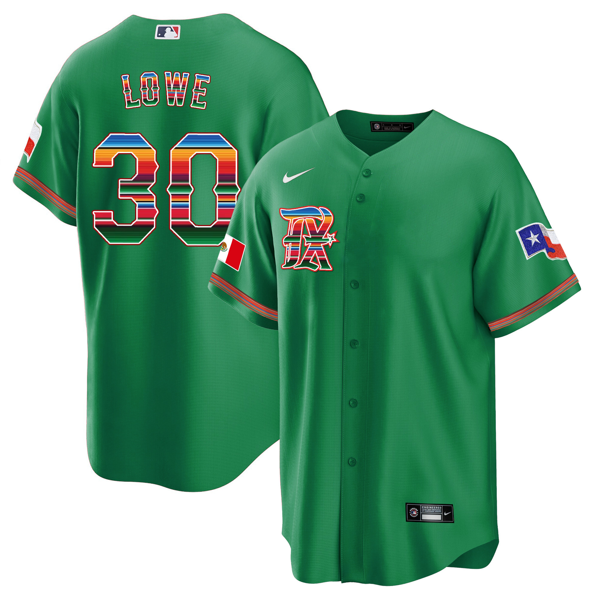 Nathaniel Lowe Men's Texas Rangers Mexican Heritage Night Cool Base - City Connect Green Jersey - All Stitched