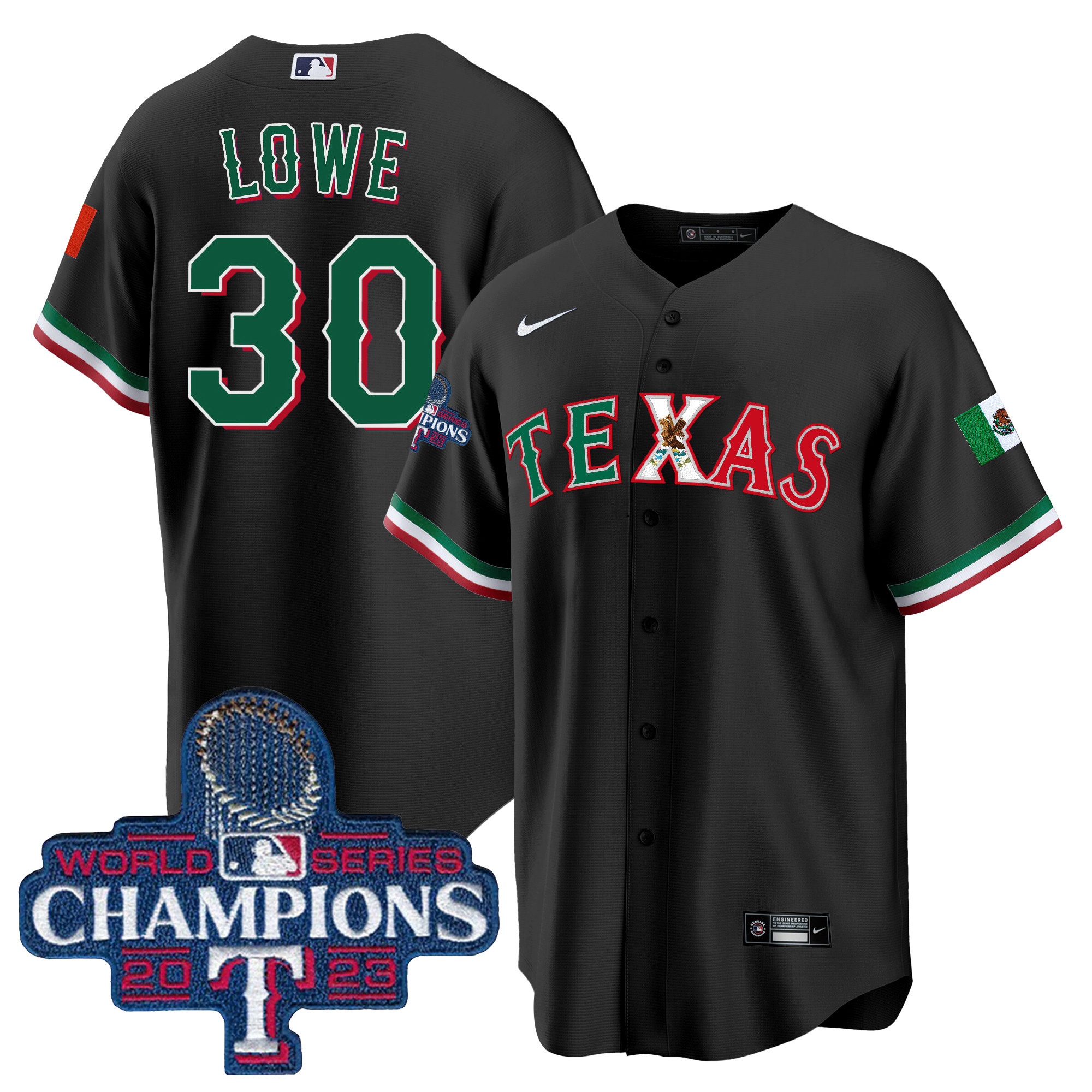 Nathaniel Lowe Men's Texas Rangers Mexico 2023 World Series Champions Baseball Black Jersey - All Stitched