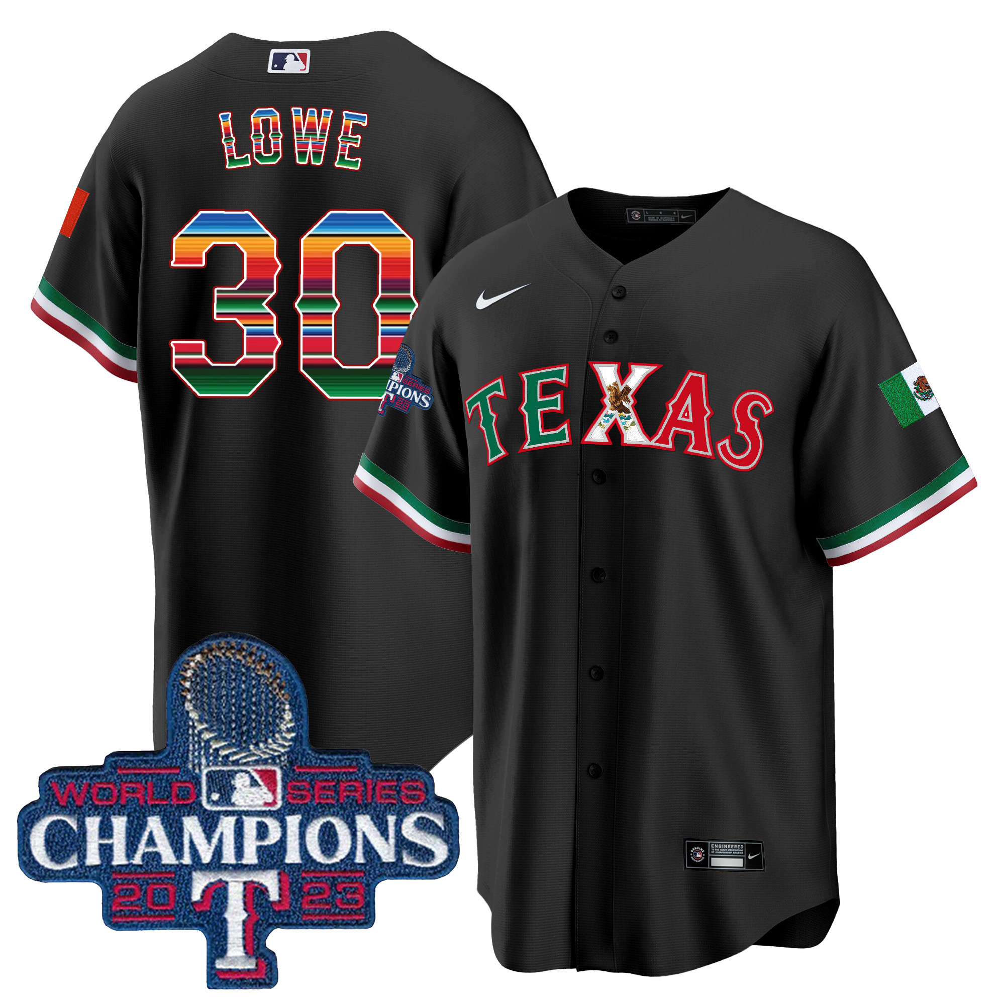 Nathaniel Lowe Men's Texas Rangers Mexico 2023 World Series Champions Baseball V2 Black Jersey - All Stitched