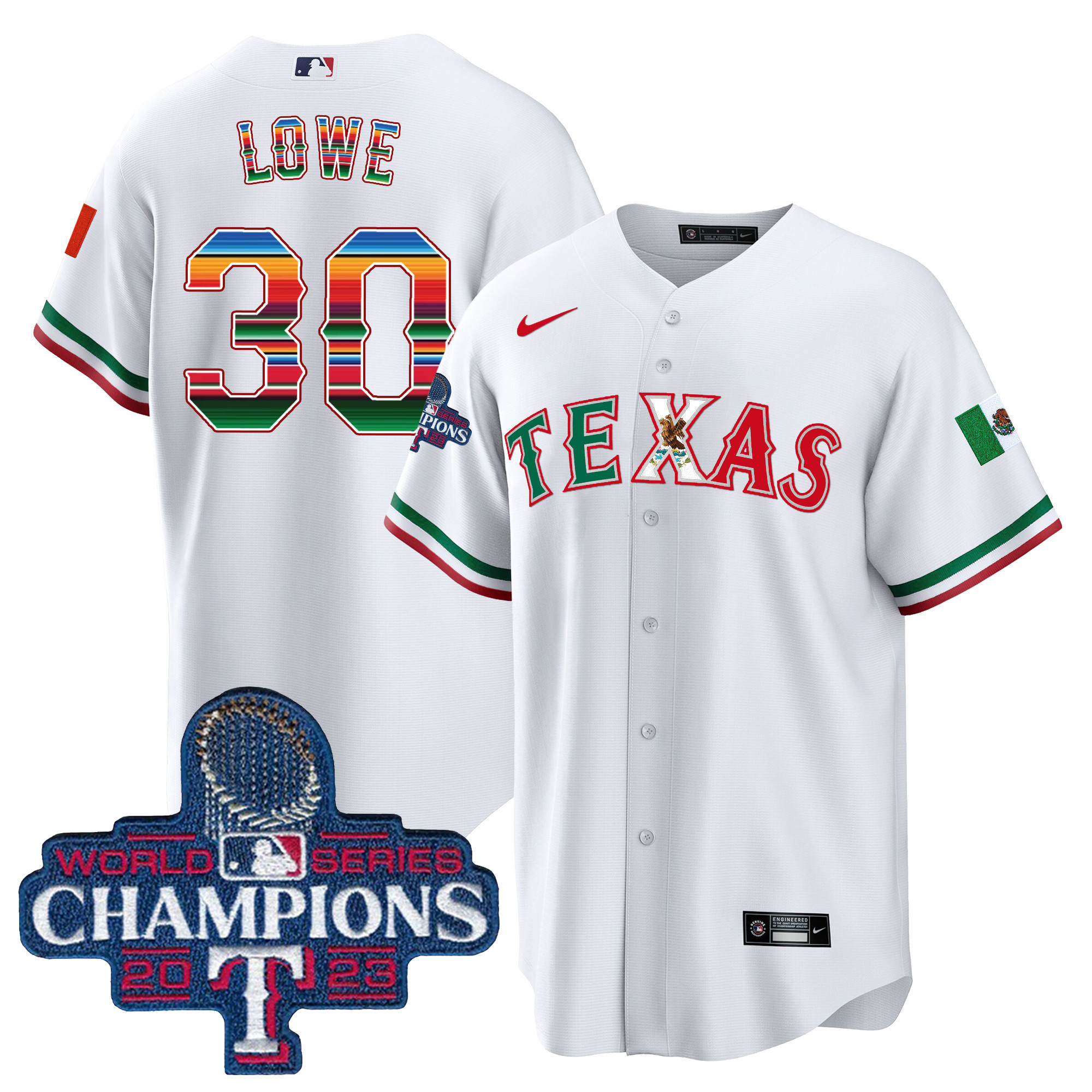 Nathaniel Lowe Men's Texas Rangers Mexico 2023 World Series Champions Baseball V2 White Jersey - All Stitched