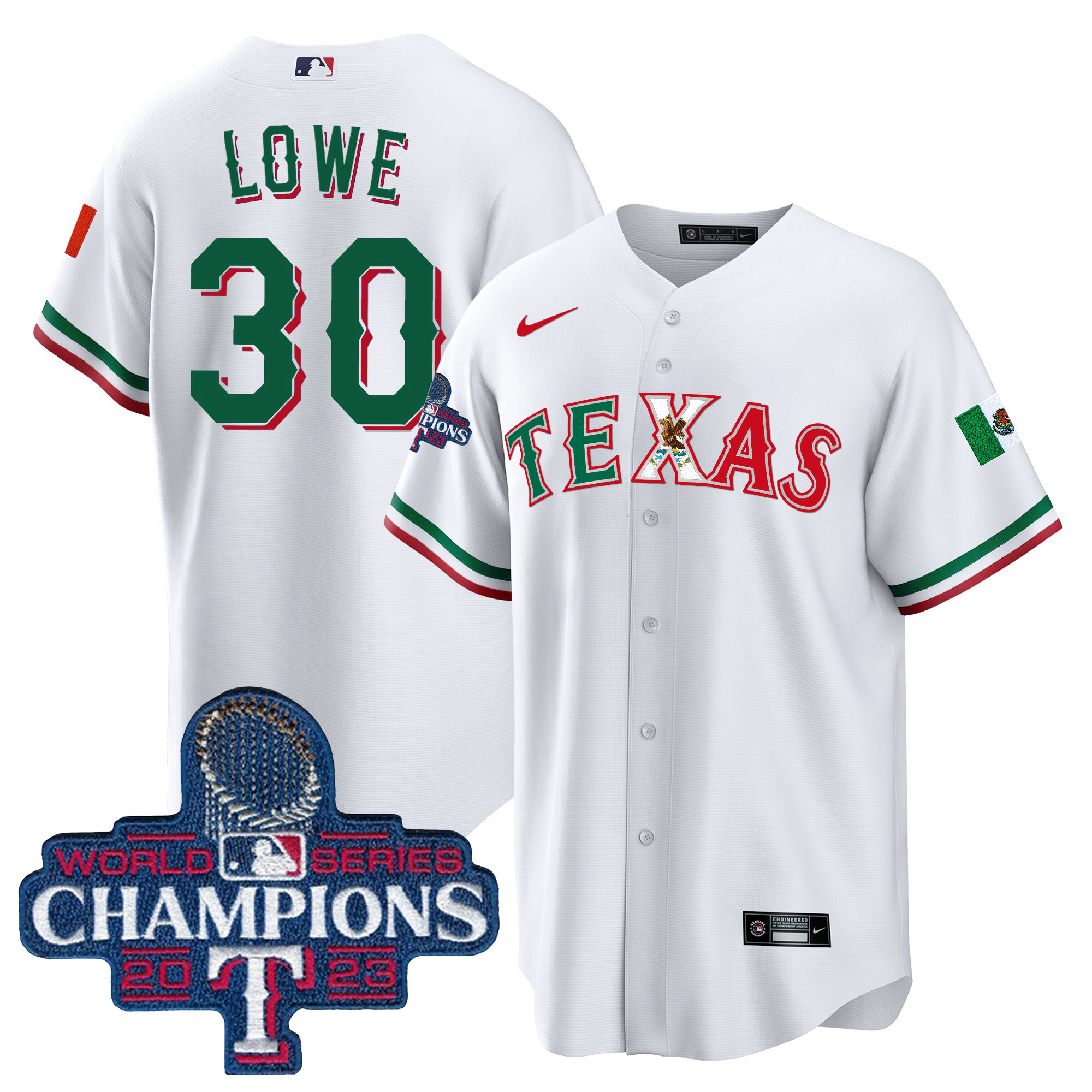 Nathaniel Lowe Men's Texas Rangers Mexico 2023 World Series Champions Baseball White Jersey - All Stitched