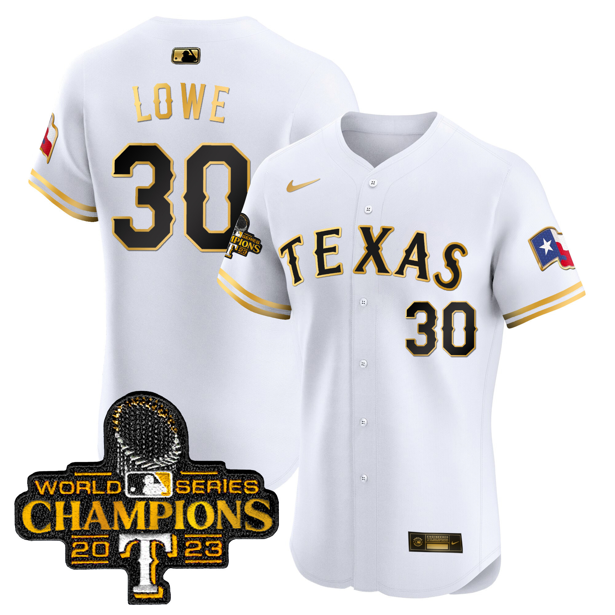 Nathaniel Lowe Men's Texas Rangers World Series Champions Vapor Premier Elite White Gold Jersey - All Stitched
